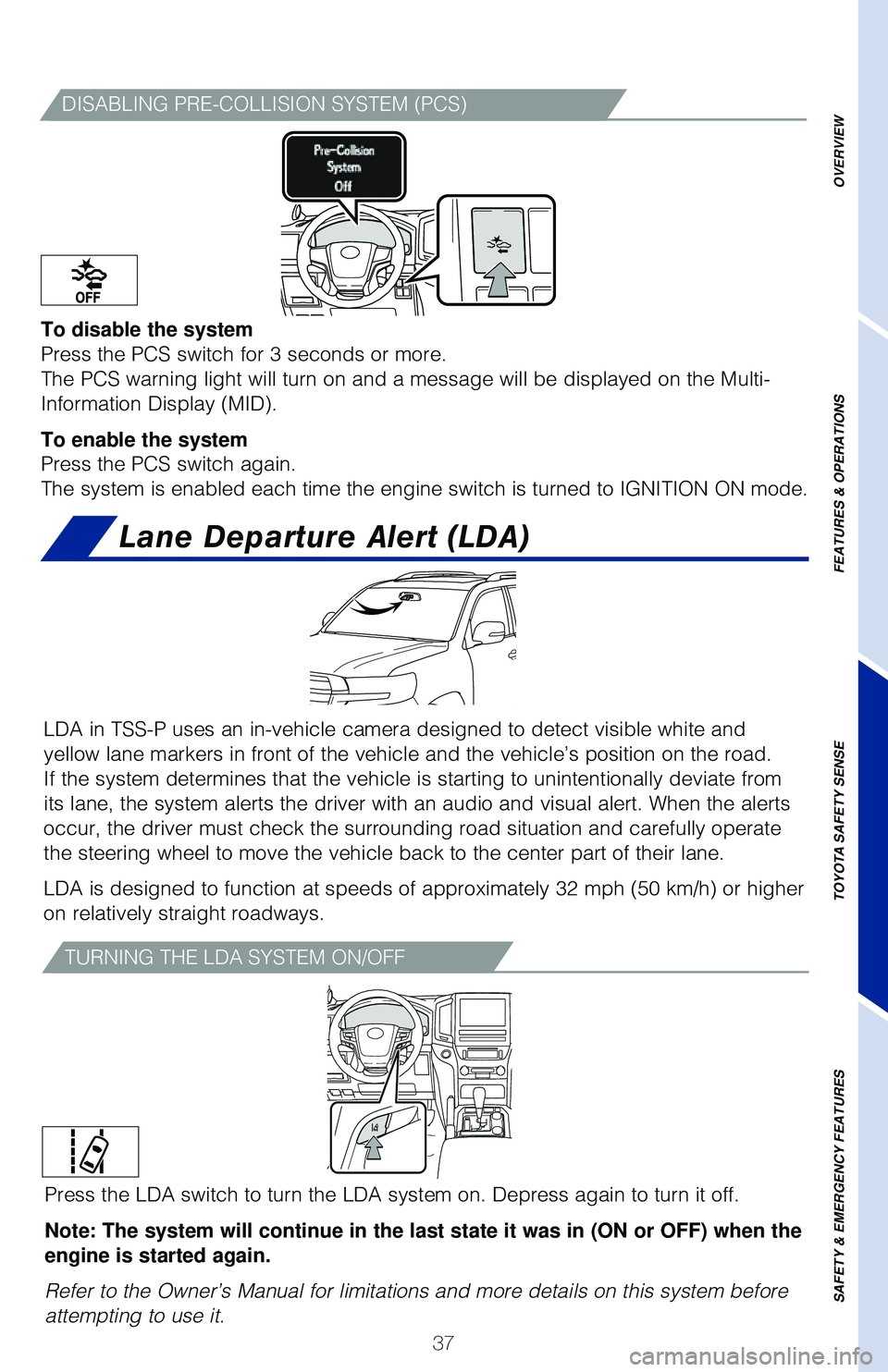 TOYOTA LAND CRUISER 2020   (in English) Owners Guide 37
�%I�4A�#�-I�/�( �1�3�&��$�0�-�-I�4I�0�/ �4�:�4�5�&�. �	�1�$�4�

To disable the system
Press the PCS switch for 3 seconds or more.
The PCS warning light will turn on and a message will be displayed