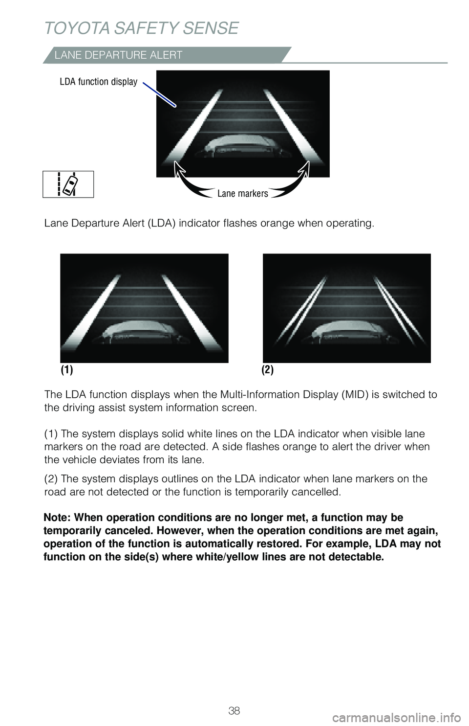 TOYOTA LAND CRUISER 2020   (in English) Owners Guide 38
TOYOTA SAFETY SENSE
LANE DEPARTURE ALERT
�5he �-�%A function dis�Q�Mays when the �.u�Mti�Information �%is�Q�May �	�.I�%�
 is switched to 
the driving assist system information screen.
�	��
 �5he 