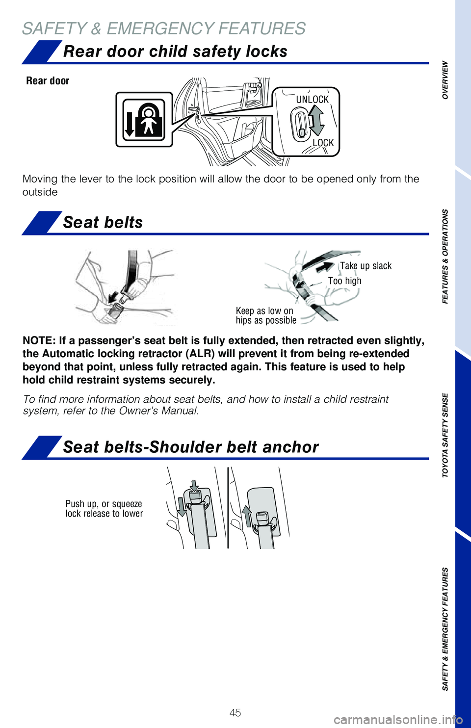 TOYOTA LAND CRUISER 2020   (in English) Service Manual 45
OVERVIEW
FEATURES & OPERATIONS
TOYOTA SAFETY SENSE
SAFETY & EMERGENCY FEATURES
SAFETY & EMERGENCY FEATURES
NOTE: If a passenger’s seat belt is fully extended, then retracted even slightly, 
the A
