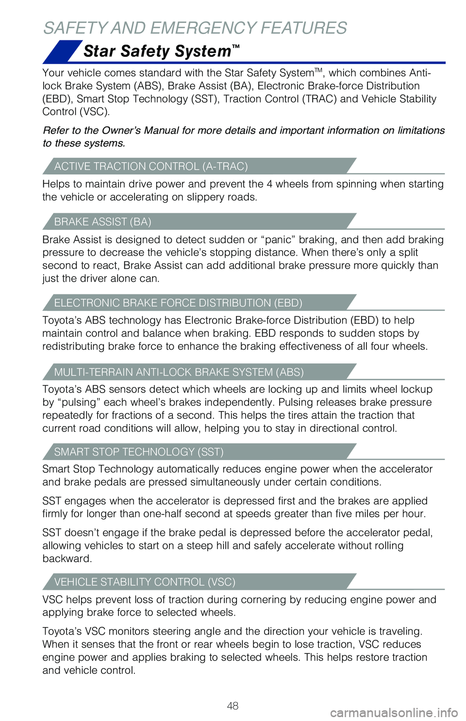 TOYOTA LAND CRUISER 2020   (in English) Service Manual 48
Star Safety System™
SAFETY AND EMERGENCY FEATURES
Your vehicle comes standard with the Star Safety SystemTM, which combines Anti-
�Moc�L �#ra�Le �4ystem �	A�#�4�
, �#ra�Le Assist �	�#A�
, �&�Mect