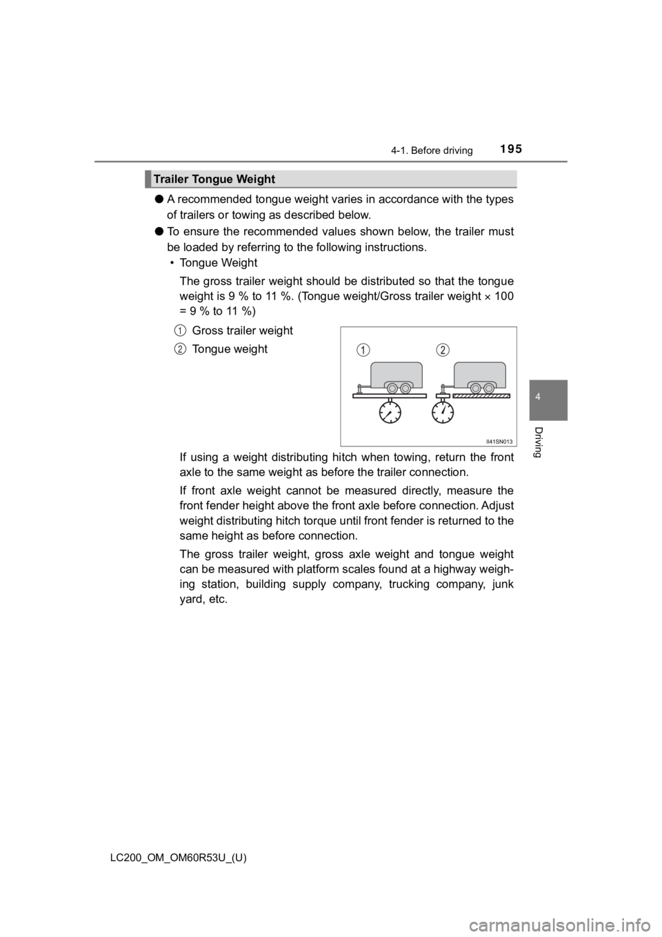 TOYOTA LAND CRUISER 2020  Owners Manual (in English) LC200_OM_OM60R53U_(U)
1954-1. Before driving
4
Driving
●A recommended tongue weight varies in accordance with the types
of trailers or towing as described below.
● To  ensure  the  recommended  va