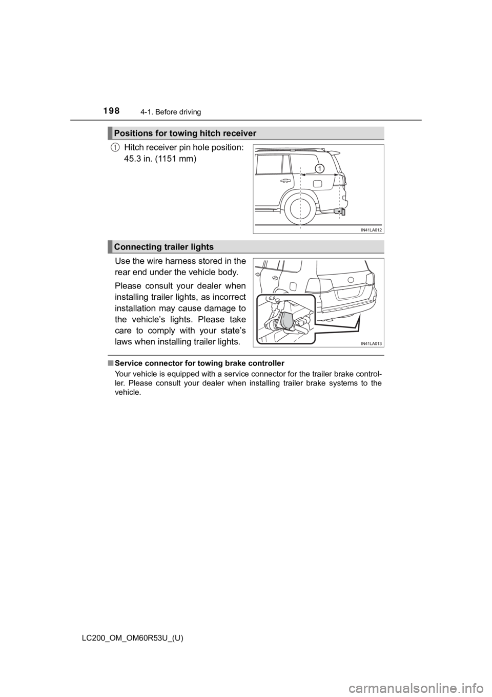 TOYOTA LAND CRUISER 2020  Owners Manual (in English) 198
LC200_OM_OM60R53U_(U)
4-1. Before driving
Hitch receiver pin hole position: 
45.3 in. (1151 mm)
Use the wire harness stored in the
rear end under the vehicle body.
Please  consult  your  dealer  w