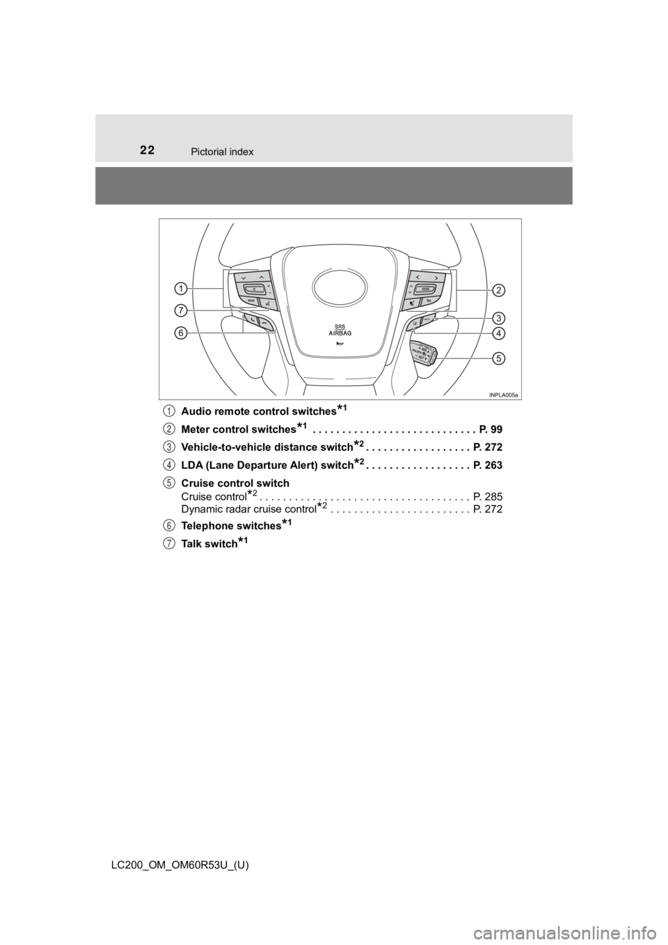 TOYOTA LAND CRUISER 2020 (in English) Owners Manual 22Pictorial index
LC200_OM_OM60R53U_(U)Audio remote control switches
*1
Meter control switches*1 . . . . . . . . . . . . . . . . . . . . . . . . . . . . P. 99
Vehicle-to-vehicle distance switch
*2. . TOYOTA LAND CRUISER 2020 (in English) Owners Manual 22Pictorial index
LC200_OM_OM60R53U_(U)Audio remote control switches
*1
Meter control switches*1 . . . . . . . . . . . . . . . . . . . . . . . . . . . . P. 99
Vehicle-to-vehicle distance switch
*2. .