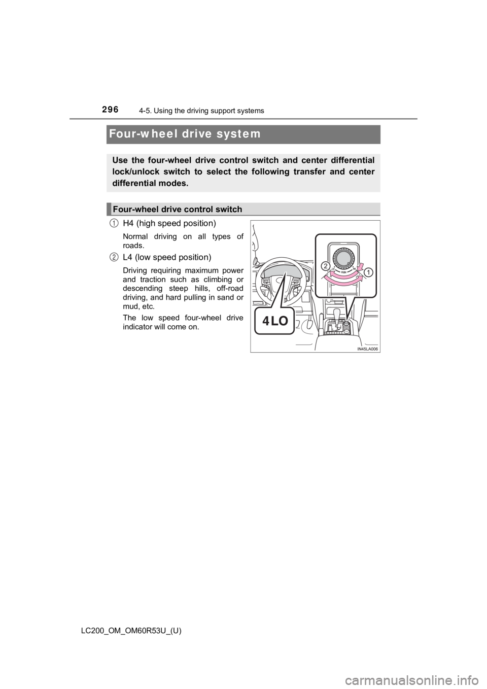 TOYOTA LAND CRUISER 2020 Owners Manual (in English) 296
LC200_OM_OM60R53U_(U)
4-5. Using the driving support systems
Four-wheel drive system
H4 (high speed position)
Normal driving on all types of
roads.
L4 (low speed position)
Driving requiring TOYOTA LAND CRUISER 2020 Owners Manual (in English) 296
LC200_OM_OM60R53U_(U)
4-5. Using the driving support systems
Four-wheel drive system
H4 (high speed position)
Normal driving on all types of
roads.
L4 (low speed position)
Driving requiring