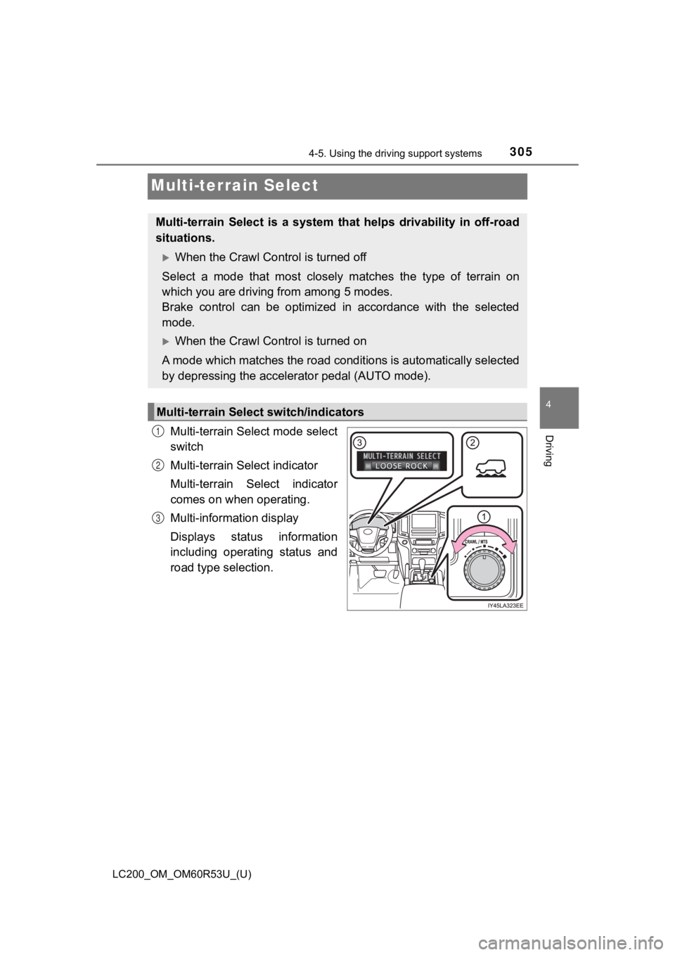 TOYOTA LAND CRUISER 2020 Owners Manual (in English) 305
LC200_OM_OM60R53U_(U)
4-5. Using the driving support systems
4
Driving
Multi-terrain Select
Multi-terrain Select mode select
switch
Multi-terrain Select indicator
Multi-terrain Select indicator
TOYOTA LAND CRUISER 2020 Owners Manual (in English) 305
LC200_OM_OM60R53U_(U)
4-5. Using the driving support systems
4
Driving
Multi-terrain Select
Multi-terrain Select mode select
switch
Multi-terrain Select indicator
Multi-terrain Select indicator