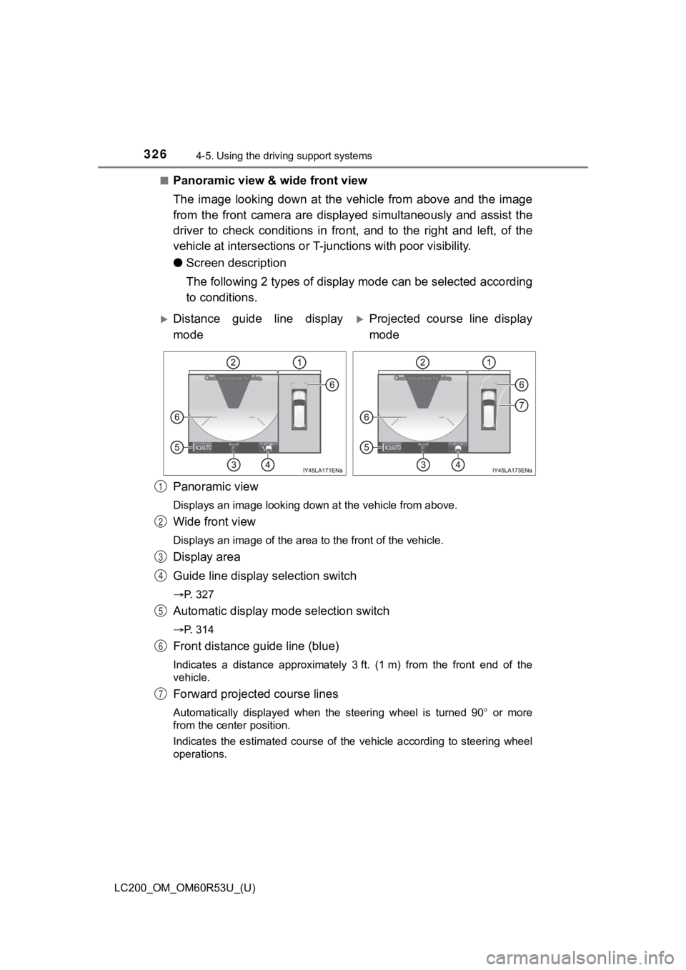 TOYOTA LAND CRUISER 2020 Owners Manual (in English) 326
LC200_OM_OM60R53U_(U)
4-5. Using the driving support systems
■Panoramic view & wide front view
The image looking down at the vehicle from above and the image
from the front camera TOYOTA LAND CRUISER 2020 Owners Manual (in English) 326
LC200_OM_OM60R53U_(U)
4-5. Using the driving support systems
■Panoramic view & wide front view
The image looking down at the vehicle from above and the image
from the front camera