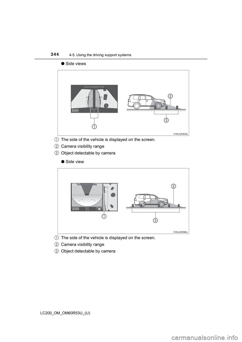 TOYOTA LAND CRUISER 2020  Owners Manual (in English) 344
LC200_OM_OM60R53U_(U)
4-5. Using the driving support systems
●Side views
The side of the vehicle is  displayed on the screen.
Camera visibility range
Object detectable by camera
● Side view
Th