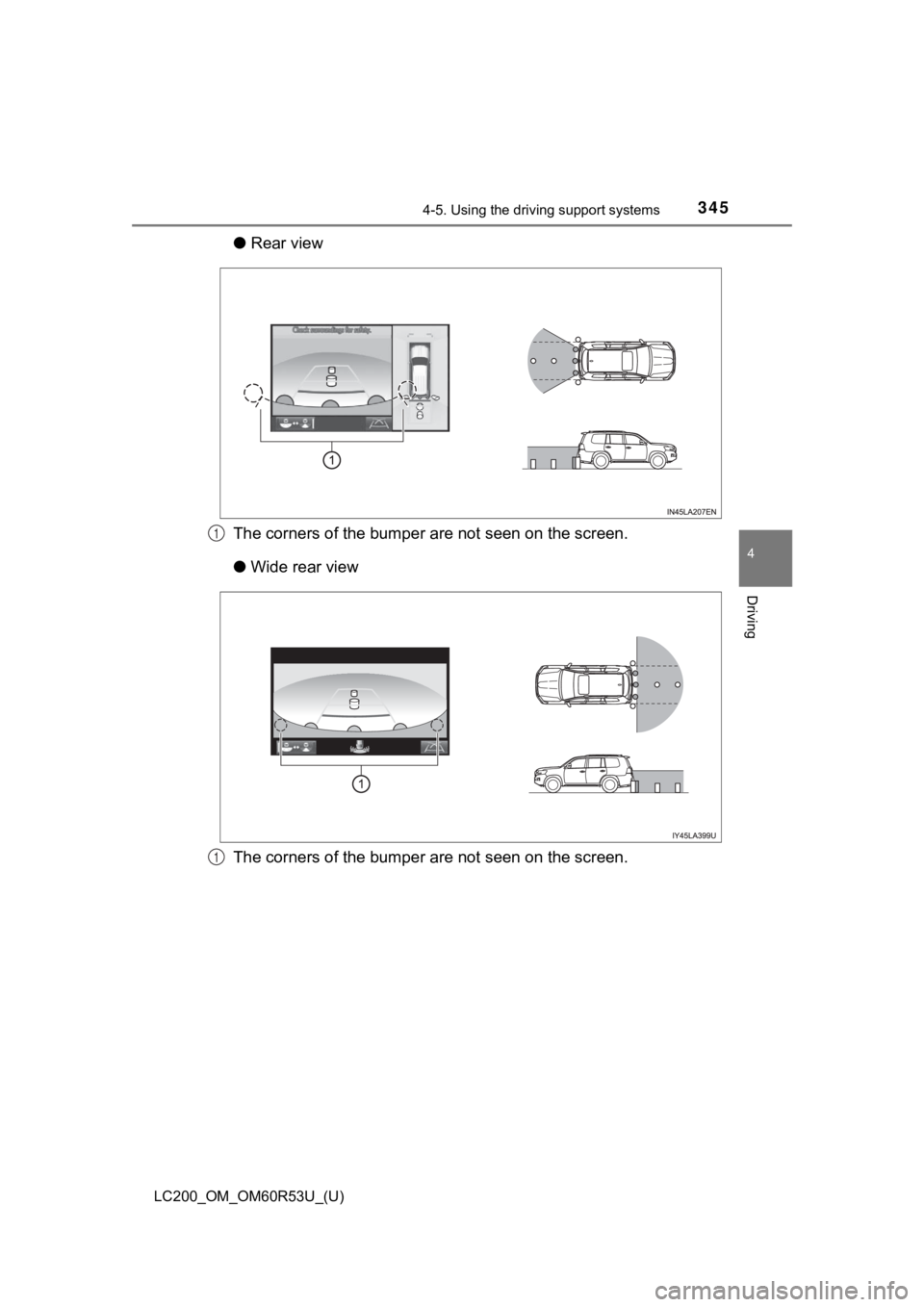 TOYOTA LAND CRUISER 2020  Owners Manual (in English) LC200_OM_OM60R53U_(U)
3454-5. Using the driving support systems
4
Driving
●Rear view
The corners of the bumper ar e not seen on the screen.
● Wide rear view
The corners of the bumper ar e not seen