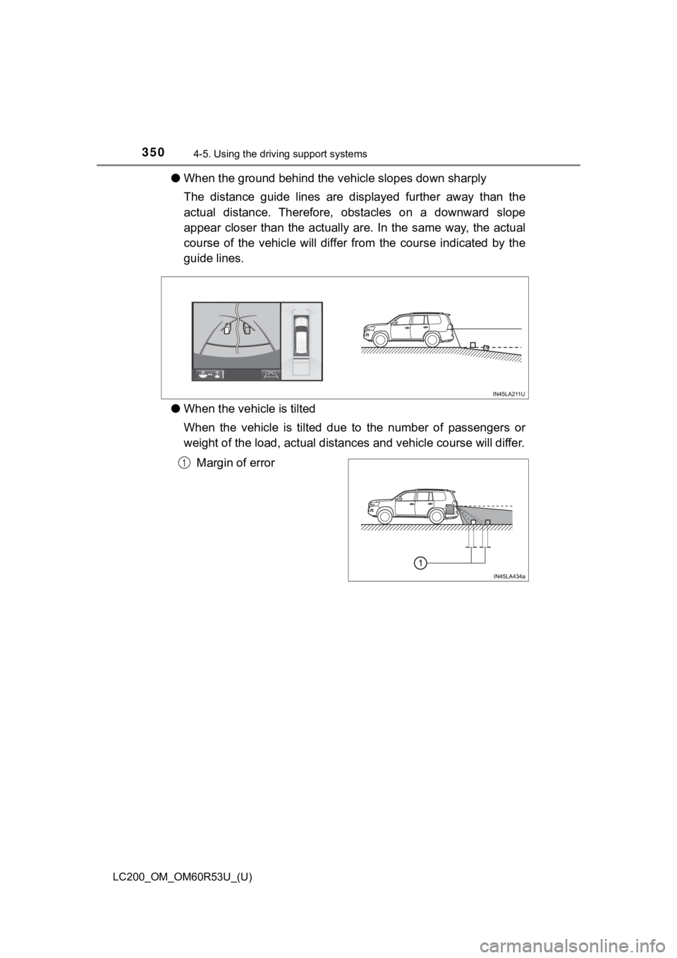 TOYOTA LAND CRUISER 2020  Owners Manual (in English) 350
LC200_OM_OM60R53U_(U)
4-5. Using the driving support systems
●When the ground behind the ve hicle slopes down sharply
The  distance  guide  lines  are  displayed  further  away  than  the
actual