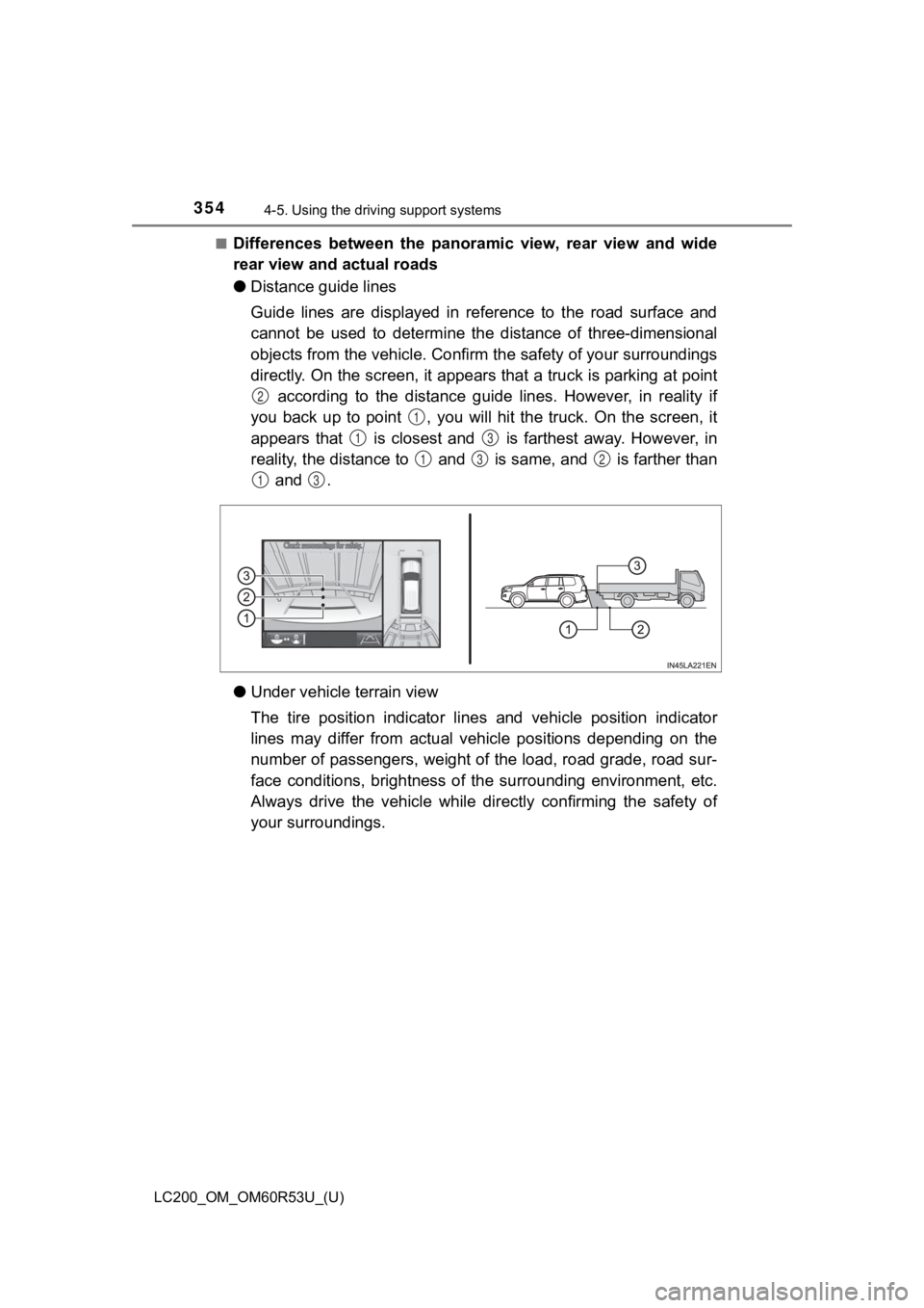 TOYOTA LAND CRUISER 2020  Owners Manual (in English) 354
LC200_OM_OM60R53U_(U)
4-5. Using the driving support systems
■Differences  between  the  panoramic  view,  rear  view  and  wide
rear view and actual roads
●Distance guide lines
Guide  lines  