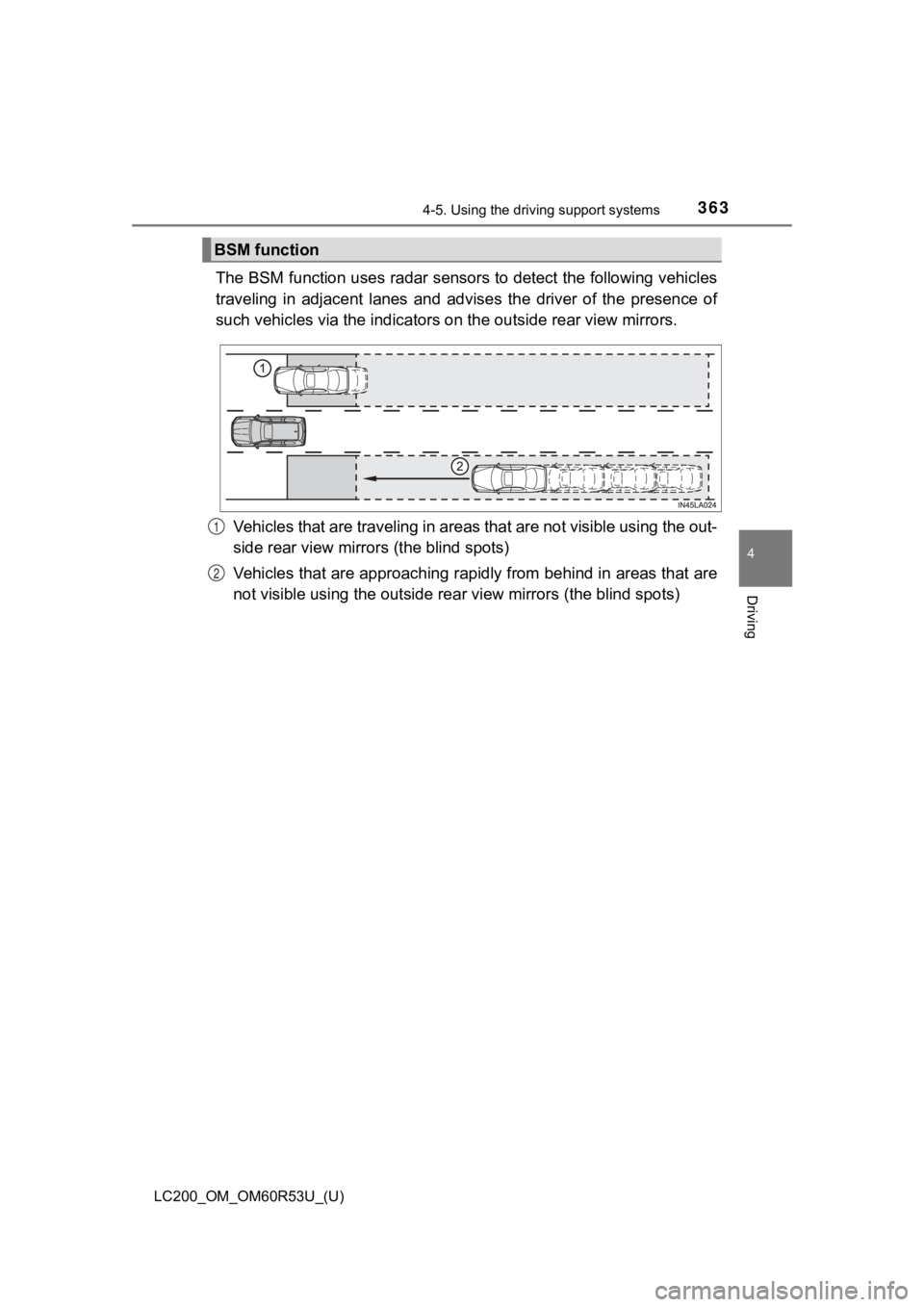TOYOTA LAND CRUISER 2020 Owners Manual (in English) LC200_OM_OM60R53U_(U)
3634-5. Using the driving support systems
4
Driving
The BSM function uses radar sensors to detect the following veh icles
traveling in adjacent lanes and ad vises the driv TOYOTA LAND CRUISER 2020 Owners Manual (in English) LC200_OM_OM60R53U_(U)
3634-5. Using the driving support systems
4
Driving
The BSM function uses radar sensors to detect the following veh icles
traveling in adjacent lanes and ad vises the driv