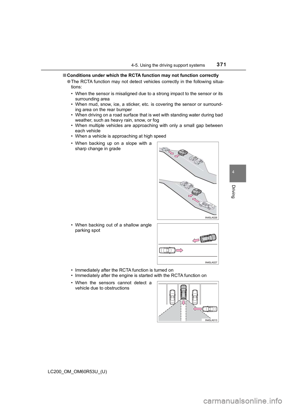 TOYOTA LAND CRUISER 2020 Owners Manual (in English) LC200_OM_OM60R53U_(U)
3714-5. Using the driving support systems
4
Driving
■Conditions under which the RCTA function may not function corre ctly
● The RCTA function may not detect vehicles c TOYOTA LAND CRUISER 2020 Owners Manual (in English) LC200_OM_OM60R53U_(U)
3714-5. Using the driving support systems
4
Driving
■Conditions under which the RCTA function may not function corre ctly
● The RCTA function may not detect vehicles c