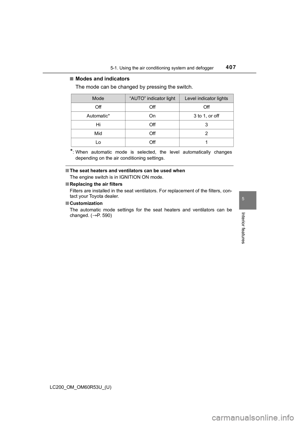 TOYOTA LAND CRUISER 2020  Owners Manual (in English) LC200_OM_OM60R53U_(U)
4075-1. Using the air conditioning system and defogger
5
Interior features
■Modes and indicators
The mode can be changed by pressing the switch.
*: When  automatic  mode  is  s