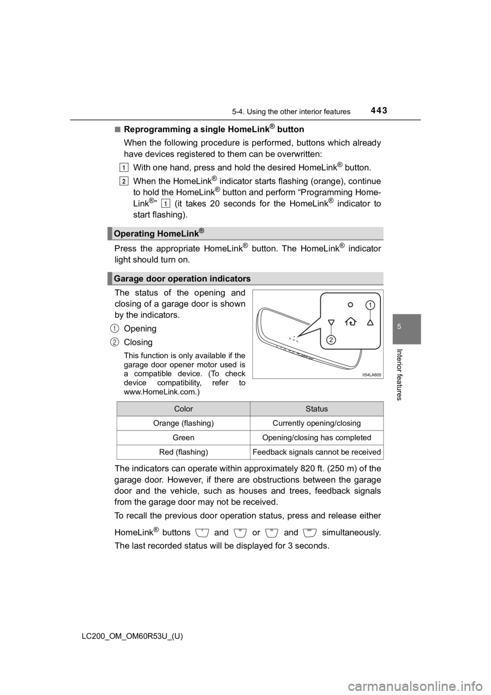 TOYOTA LAND CRUISER 2020 Owners Manual (in English) LC200_OM_OM60R53U_(U)
4435-4. Using the other interior features
5
Interior features
■Reprogramming a single HomeLink® button
When the following procedure is performed, buttons which alread y
TOYOTA LAND CRUISER 2020 Owners Manual (in English) LC200_OM_OM60R53U_(U)
4435-4. Using the other interior features
5
Interior features
■Reprogramming a single HomeLink® button
When the following procedure is performed, buttons which alread y