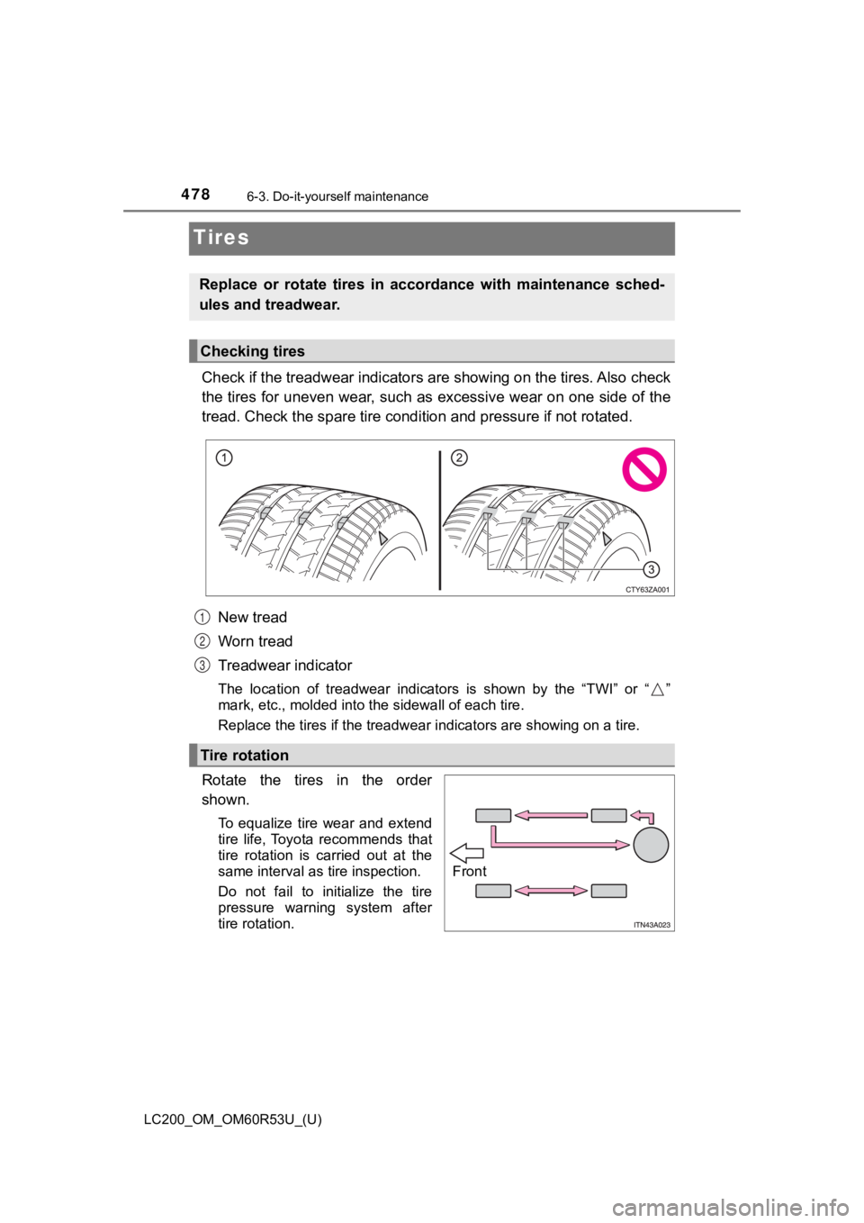 TOYOTA LAND CRUISER 2020  Owners Manual (in English) 478
LC200_OM_OM60R53U_(U)
6-3. Do-it-yourself maintenance
Tires
Check if the treadwear indicators are showing on the tires. Also check
the tires for uneven wear, such as excessive wear on one side o f