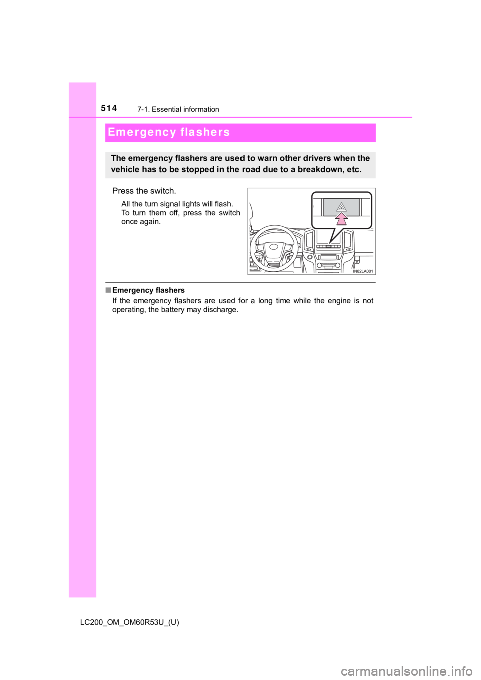 TOYOTA LAND CRUISER 2020  Owners Manual (in English) 514
LC200_OM_OM60R53U_(U)
7-1. Essential information
Emergency flashers
Press the switch.
All the turn signal lights will flash. 
To  turn  them  off,  press  the  switch
once again.
■Emergency flas