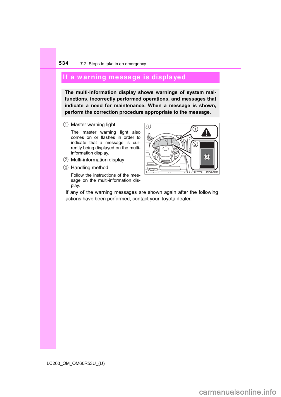 TOYOTA LAND CRUISER 2020  Owners Manual (in English) 534
LC200_OM_OM60R53U_(U)
7-2. Steps to take in an emergency
If  a warning message is displayed
Master warning light
The  master  warning  light  also
comes  on  or  flashes  in  order  to
indicate  t