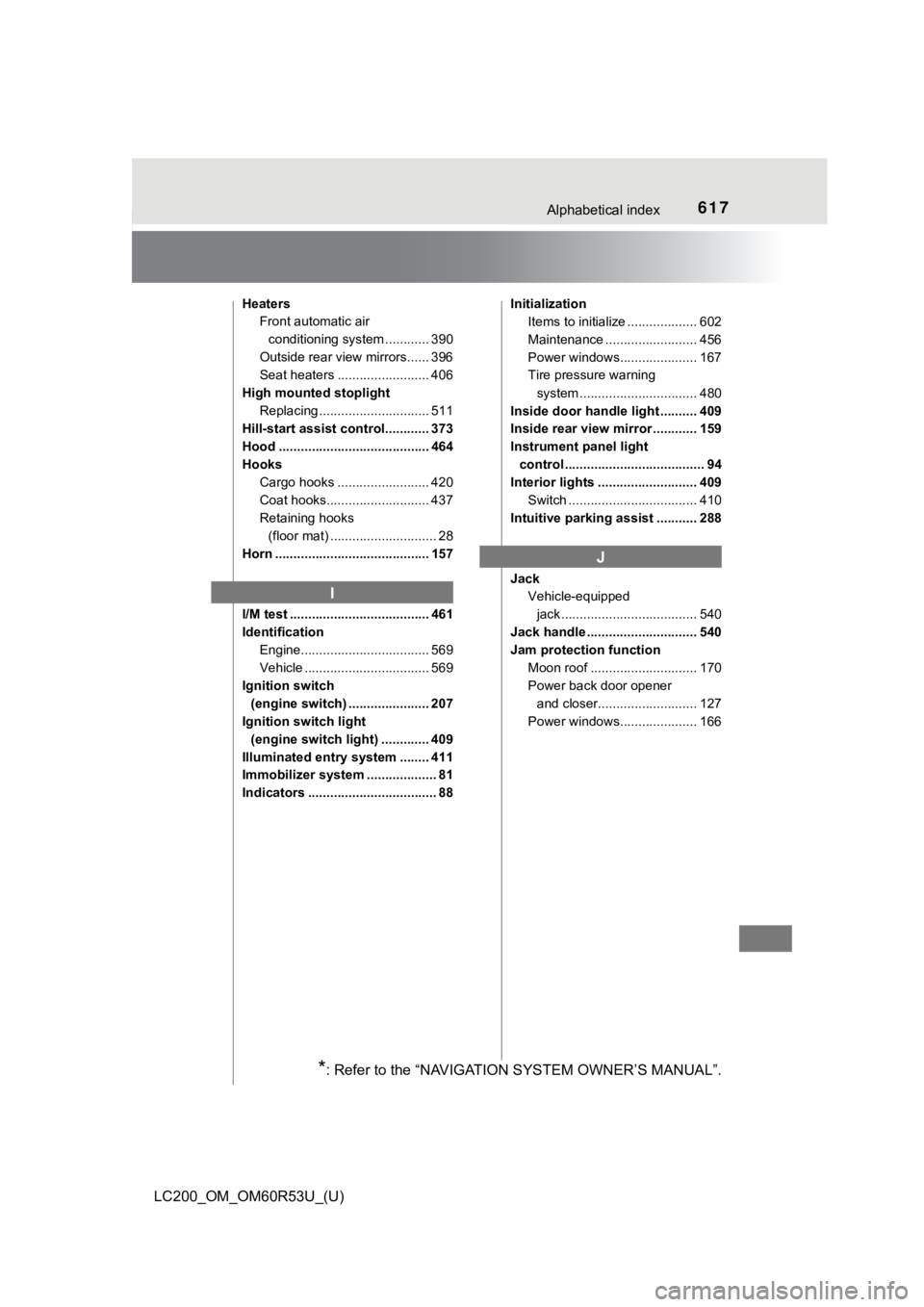 TOYOTA LAND CRUISER 2020  Owners Manual (in English) 617Alphabetical index
LC200_OM_OM60R53U_(U)
HeatersFront automatic air 
conditioning system ............ 390
Outside rear view mirrors...... 396
Seat heaters ......................... 406
High mounted