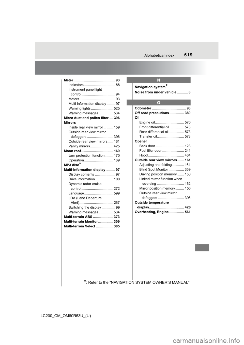 TOYOTA LAND CRUISER 2020  Owners Manual (in English) 619Alphabetical index
LC200_OM_OM60R53U_(U)
Meter ........................................... 93Indicators ................................ 88
Instrument panel light 
control..........................