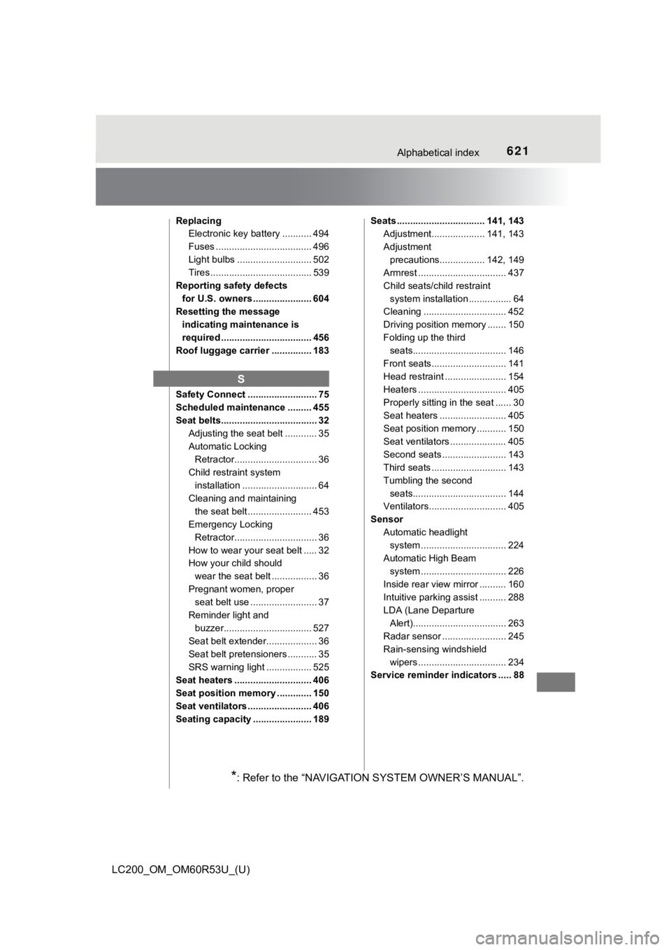 TOYOTA LAND CRUISER 2020  Owners Manual (in English) 621Alphabetical index
LC200_OM_OM60R53U_(U)
ReplacingElectronic key battery ........... 494
Fuses .................................... 496
Light bulbs ............................ 502
Tires ..........