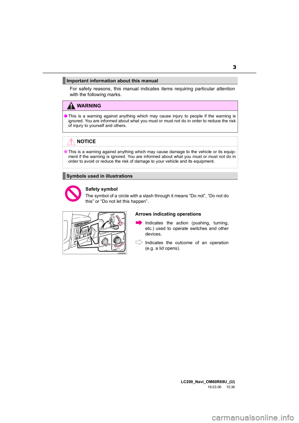 TOYOTA LAND CRUISER 2020 Accessories, Audio & Navigation (in English) 3
LC200_Navi_OM60R69U_(U)
19.03.06 15:36
For safety reasons, this manual indicates items requiring particular attention
with the following marks.
Important information about this manual
W TOYOTA LAND CRUISER 2020 Accessories, Audio & Navigation (in English) 3
LC200_Navi_OM60R69U_(U)
19.03.06 15:36
For safety reasons, this manual indicates items requiring particular attention
with the following marks.
Important information about this manual
W