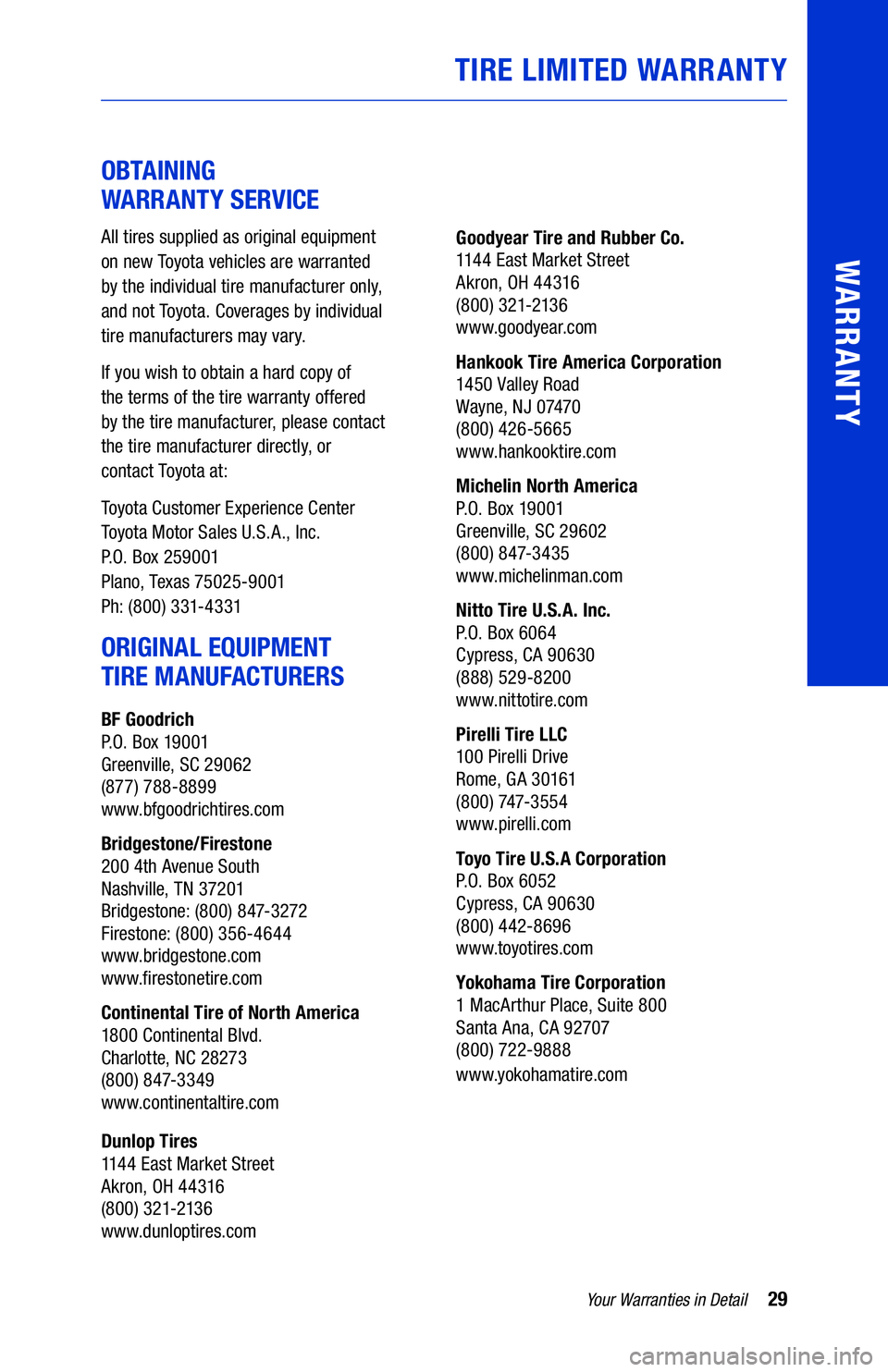 TOYOTA LAND CRUISER 2020  Warranties & Maintenance Guides (in English) 29Your Warranties in Detail
WARRANTY
OBTAINING  
WARRANTY SERVICE
All tires supplied as original equipment  
on new Toyota vehicles are warranted  
by the individual tire manufacturer only,   
and not