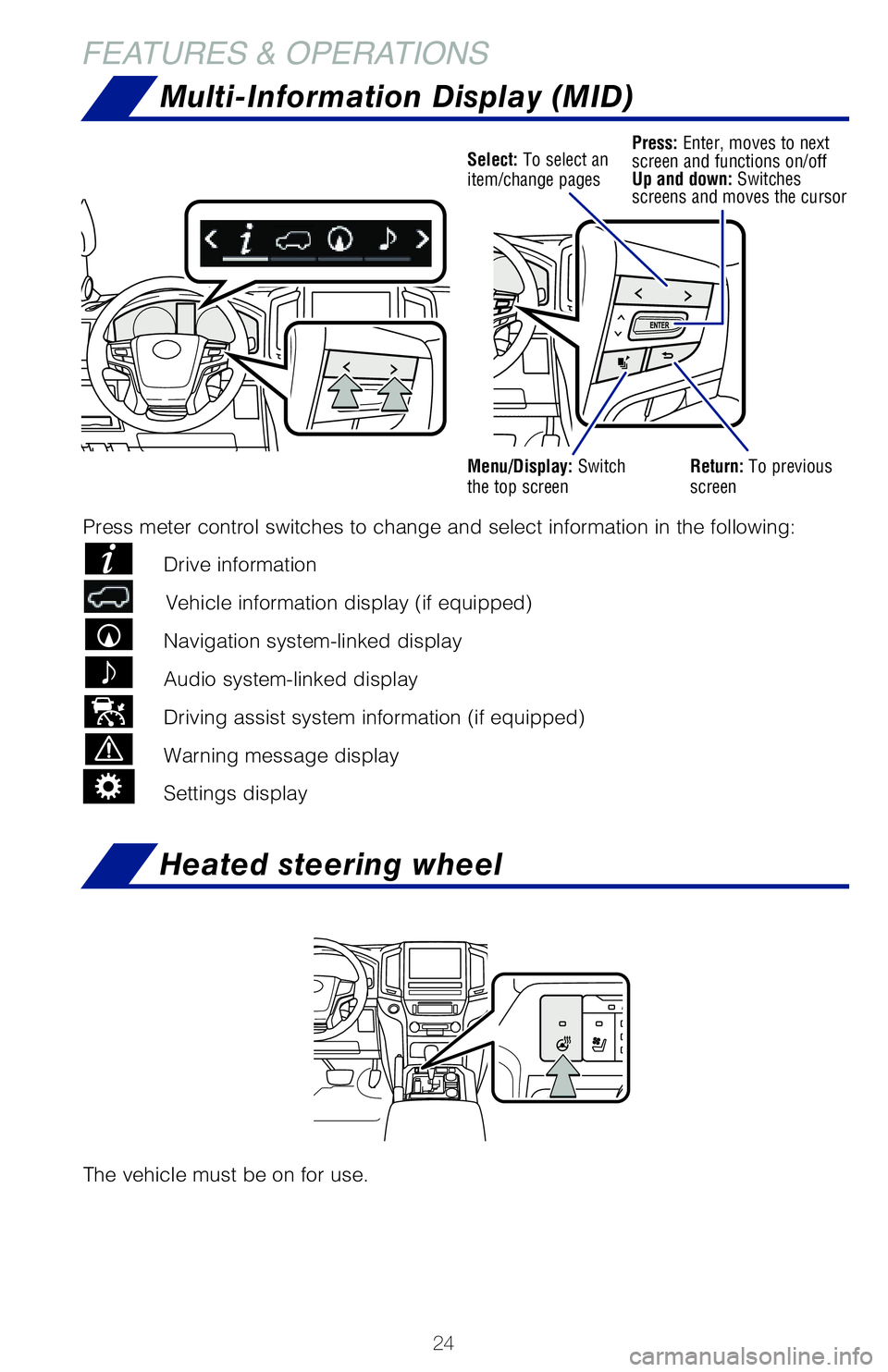 TOYOTA LAND CRUISER 2021 (in English) Owners Manual 24
FEATURES & OPERATIONSMulti-Information Display (MID)
Select: To select an
item/change pagesPress: Enter, moves to next
screen and functions on/off
Up and down: Switches
screens and moves the cur TOYOTA LAND CRUISER 2021 (in English) Owners Manual 24
FEATURES & OPERATIONSMulti-Information Display (MID)
Select: To select an
item/change pagesPress: Enter, moves to next
screen and functions on/off
Up and down: Switches
screens and moves the cur