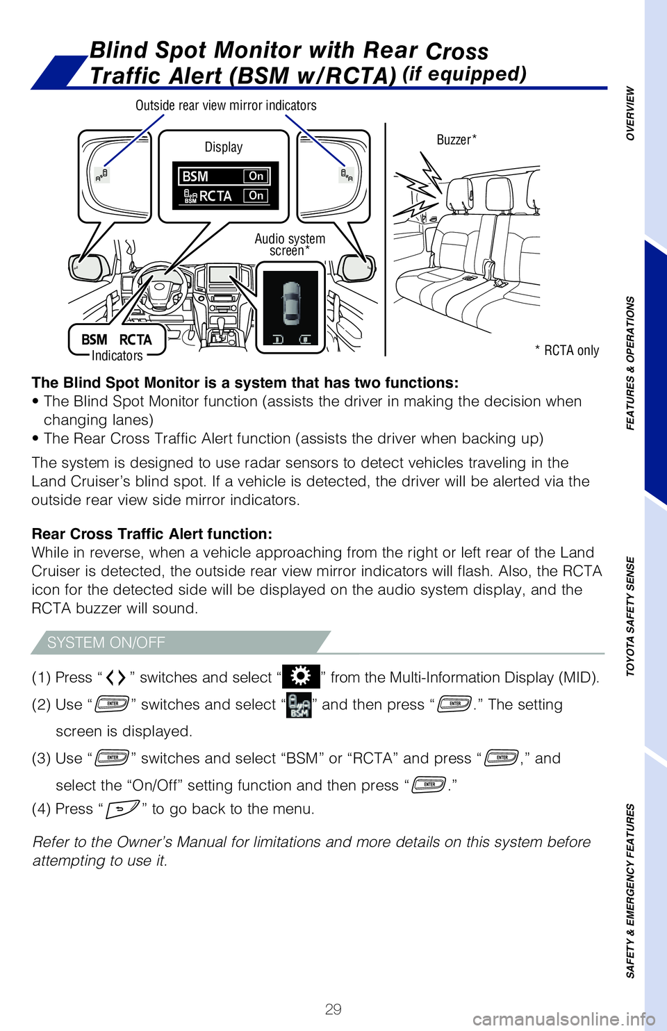 TOYOTA LAND CRUISER 2021 (in English) Owners Guide 29
OVERVIEW
FEATURES & OPERATIONS
TOYOTA SAFETY SENSE
SAFETY & EMERGENCY FEATURES
The Blind Spot Monitor is a system that has two functions:
• The Blind Spot Monitor function (assists the driver in TOYOTA LAND CRUISER 2021 (in English) Owners Guide 29
OVERVIEW
FEATURES & OPERATIONS
TOYOTA SAFETY SENSE
SAFETY & EMERGENCY FEATURES
The Blind Spot Monitor is a system that has two functions:
• The Blind Spot Monitor function (assists the driver in