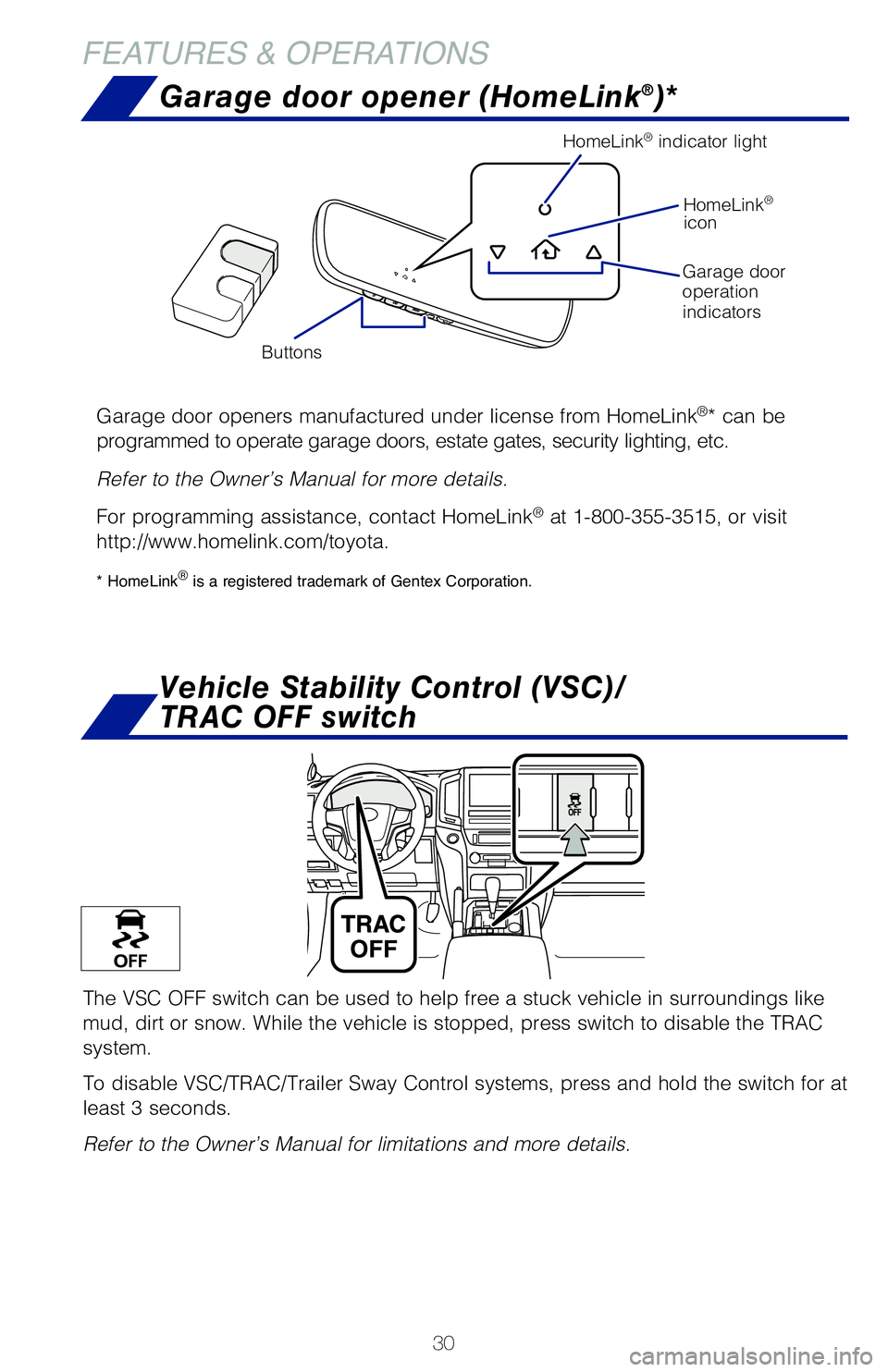TOYOTA LAND CRUISER 2021 (in English) Owners Guide 30
FEATURES & OPERATIONSGarage door opener (HomeLink
®)*
Garage door openers manufactured under license from HomeLink®* can be
programmed to operate garage doors, estate gates, security lighting, e TOYOTA LAND CRUISER 2021 (in English) Owners Guide 30
FEATURES & OPERATIONSGarage door opener (HomeLink
®)*
Garage door openers manufactured under license from HomeLink®* can be
programmed to operate garage doors, estate gates, security lighting, e