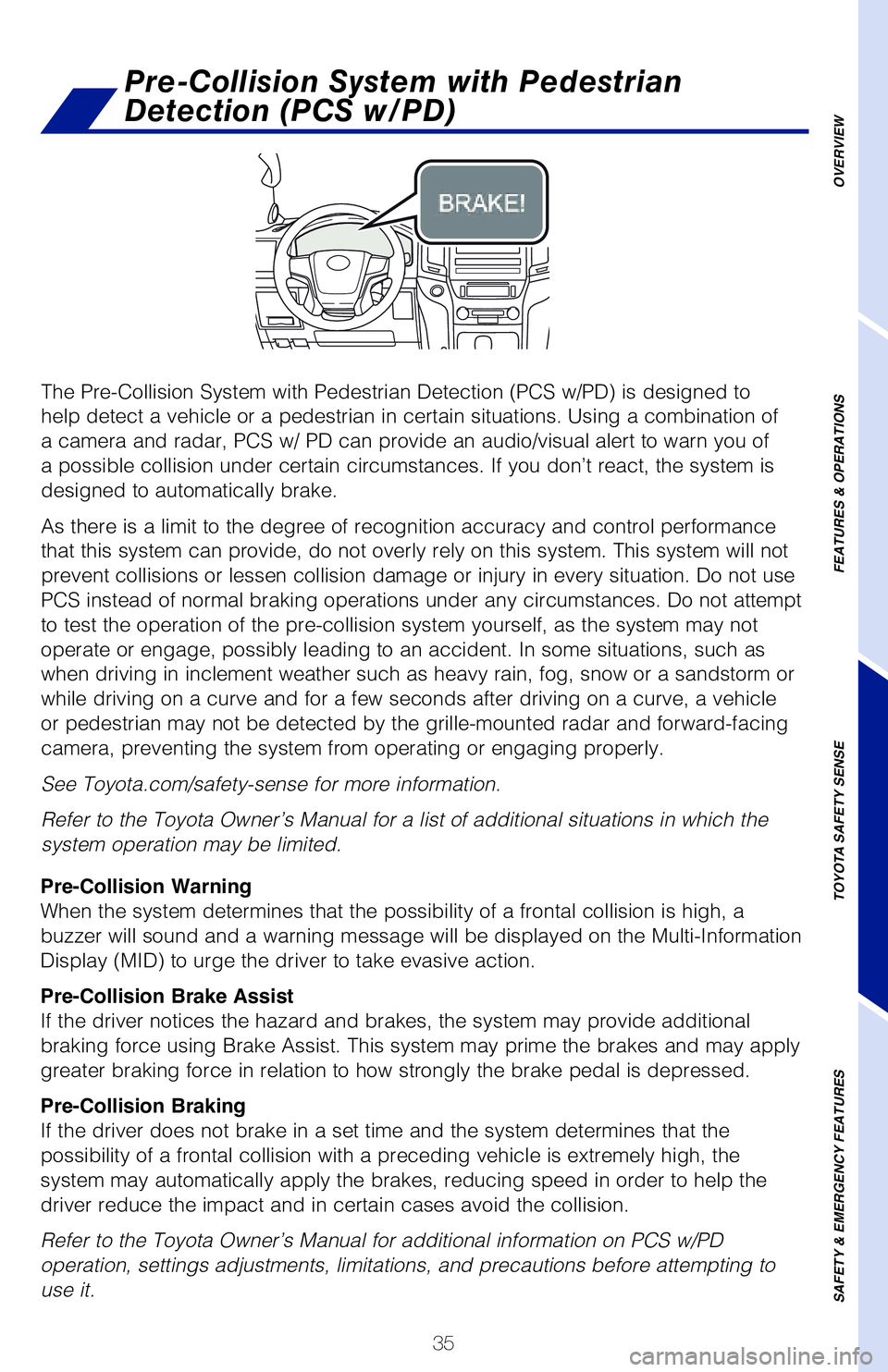 TOYOTA LAND CRUISER 2021 (in English) Owners Guide 35
OVERVIEW
FEATURES & OPERATIONS
TOYOTA SAFETY SENSE
SAFETY & EMERGENCY FEATURES
The Pre-Collision System with Pedestrian Detection (PCS w/PD) is designed to
help detect a vehicle or a pedestrian in TOYOTA LAND CRUISER 2021 (in English) Owners Guide 35
OVERVIEW
FEATURES & OPERATIONS
TOYOTA SAFETY SENSE
SAFETY & EMERGENCY FEATURES
The Pre-Collision System with Pedestrian Detection (PCS w/PD) is designed to
help detect a vehicle or a pedestrian in