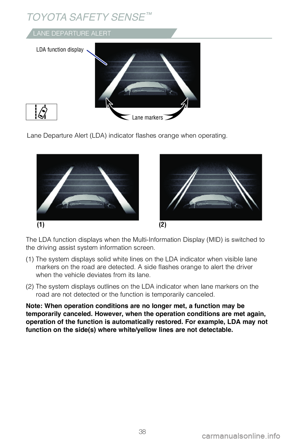 TOYOTA LAND CRUISER 2021 (in English) Owners Guide 38
TOYOTA SAFETY SENSE™
LANE DEPARTURE ALERT
The LDA function displays when the Multi-Information Display (MID) is switched to
the driving assist system information screen.
(1) The system displays TOYOTA LAND CRUISER 2021 (in English) Owners Guide 38
TOYOTA SAFETY SENSE™
LANE DEPARTURE ALERT
The LDA function displays when the Multi-Information Display (MID) is switched to
the driving assist system information screen.
(1) The system displays