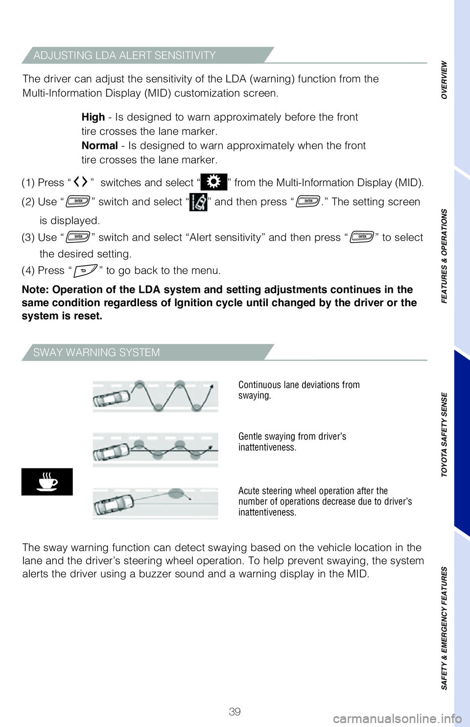 TOYOTA LAND CRUISER 2021 (in English) Service Manual 39
ADJUSTING LDA ALERT SENSITIVITY
SWAY WARNING SYSTEM
The sway warning function can detect swaying based on the vehicle locati\
on in the
lane and the driver’s steering wheel operation. To help pr TOYOTA LAND CRUISER 2021 (in English) Service Manual 39
ADJUSTING LDA ALERT SENSITIVITY
SWAY WARNING SYSTEM
The sway warning function can detect swaying based on the vehicle locati\
on in the
lane and the driver’s steering wheel operation. To help pr