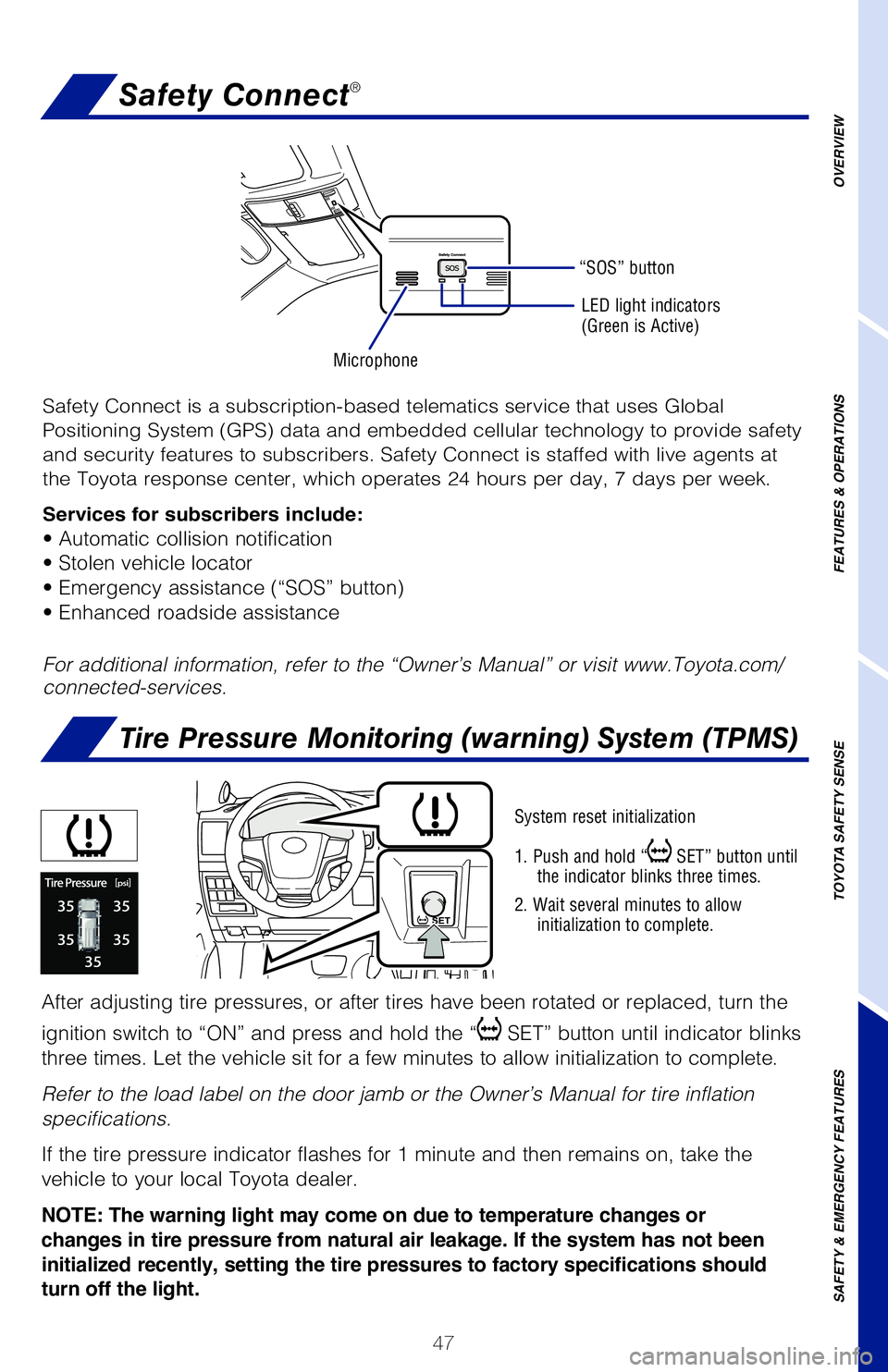 TOYOTA LAND CRUISER 2021 (in English) Service Manual 47
Safety Connect®
Safety Connect is a subscription-based telematics service that uses Glob\
al
Positioning System (GPS) data and embedded cellular technology to provide safety
and security featur TOYOTA LAND CRUISER 2021 (in English) Service Manual 47
Safety Connect®
Safety Connect is a subscription-based telematics service that uses Glob\
al
Positioning System (GPS) data and embedded cellular technology to provide safety
and security featur