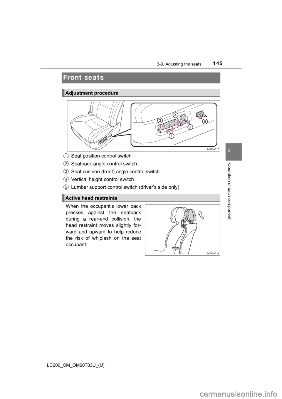 TOYOTA LAND CRUISER 2021  Owners Manual (in English) 145
LC200_OM_OM60T03U_(U)
3-3. Adjusting the seats
3
Operation of each component
Front seats
Seat position control switch
Seatback angle control switch
Seat cushion (front)  angle control switch
Verti