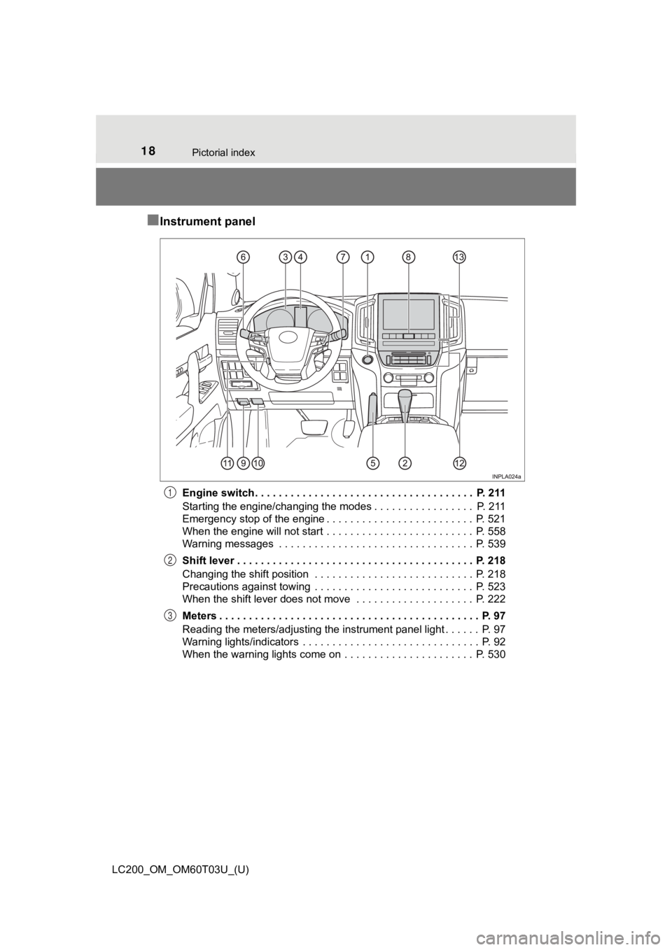 TOYOTA LAND CRUISER 2021  Owners Manual (in English) 18Pictorial index
LC200_OM_OM60T03U_(U)
■Instrument panel
Engine switch . . . . . . . . . . . . . . . . . . . . . . . . . . . . . . . . . . . . .  P. 211
Starting the engine/changing the modes . . .