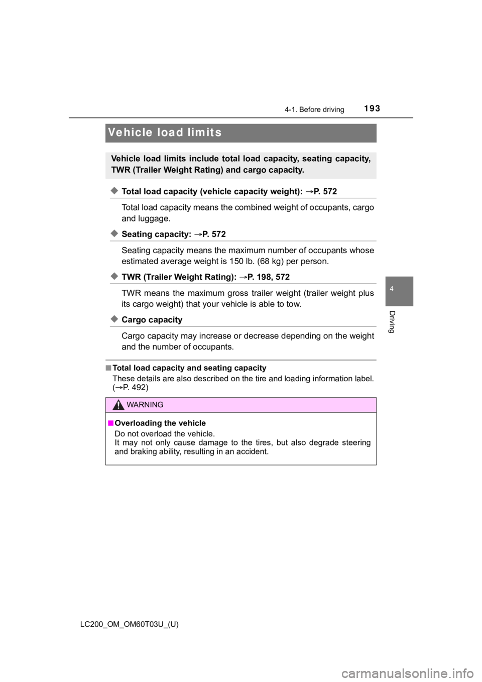 TOYOTA LAND CRUISER 2021  Owners Manual (in English) 193
LC200_OM_OM60T03U_(U)
4-1. Before driving
4
Driving
Vehicle load limits
◆Total load capacity (vehicle capacity weight): P. 572
Total load capacity means the co mbined weight of occupants, car