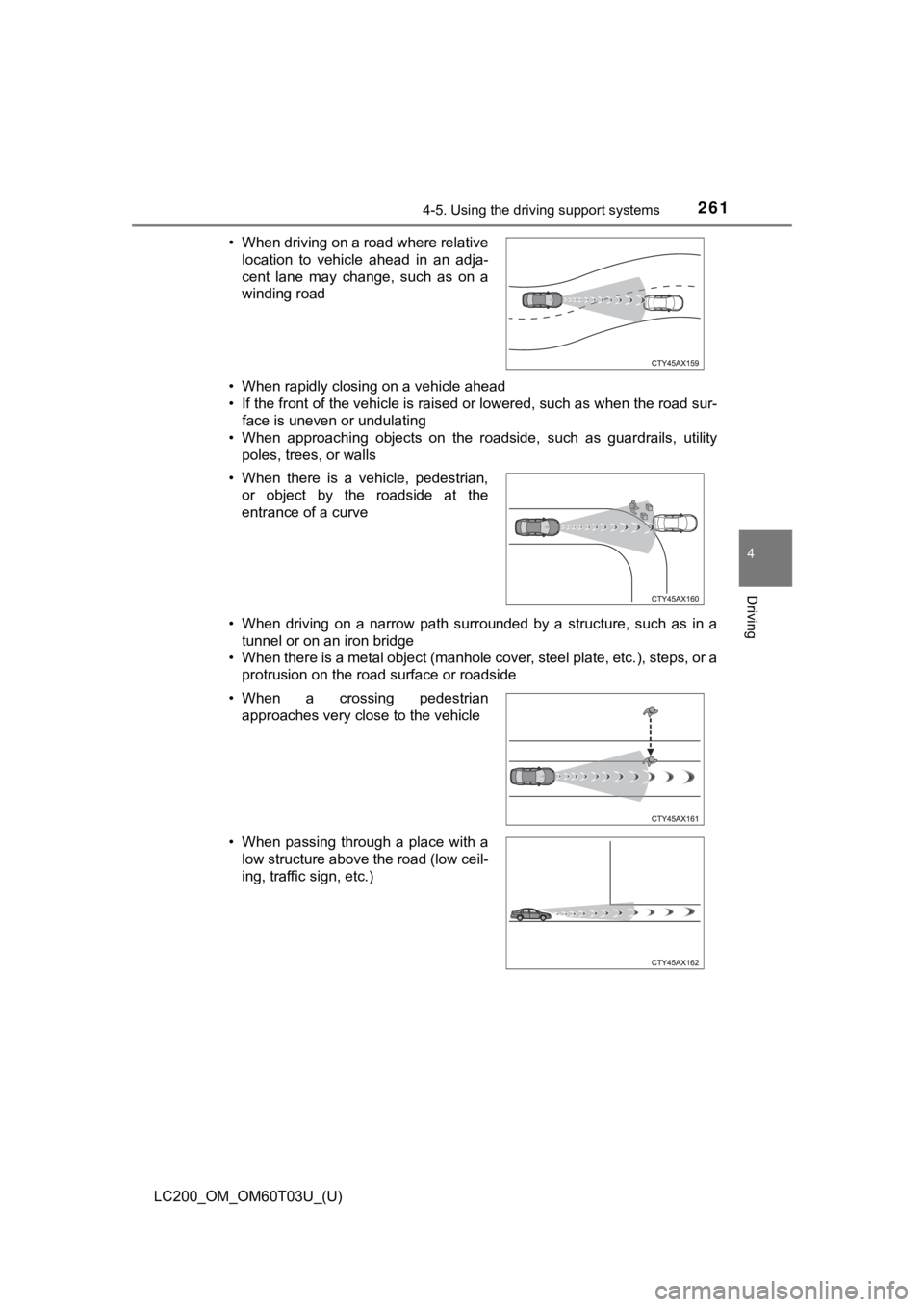 TOYOTA LAND CRUISER 2021 Owners Manual (in English) LC200_OM_OM60T03U_(U)
2614-5. Using the driving support systems
4
Driving
• When rapidly closing on a vehicle ahead
• If the front of the vehicle is raised or lowered, such as when the road sur-
TOYOTA LAND CRUISER 2021 Owners Manual (in English) LC200_OM_OM60T03U_(U)
2614-5. Using the driving support systems
4
Driving
• When rapidly closing on a vehicle ahead
• If the front of the vehicle is raised or lowered, such as when the road sur-