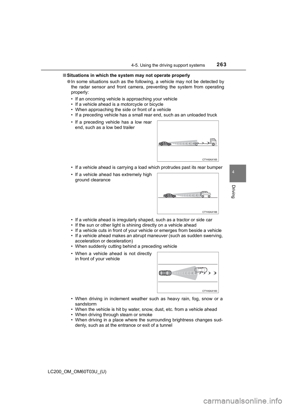 TOYOTA LAND CRUISER 2021 Owners Manual (in English) LC200_OM_OM60T03U_(U)
2634-5. Using the driving support systems
4
Driving
■Situations in which the syst em may not operate properly
● In some situations such as the following, a vehicle m TOYOTA LAND CRUISER 2021 Owners Manual (in English) LC200_OM_OM60T03U_(U)
2634-5. Using the driving support systems
4
Driving
■Situations in which the syst em may not operate properly
● In some situations such as the following, a vehicle m