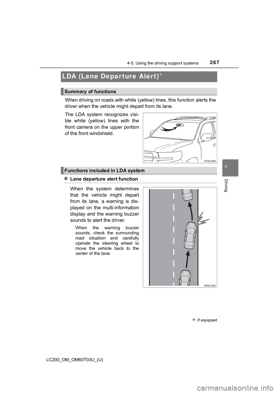 TOYOTA LAND CRUISER 2021 Owners Manual (in English) 267
LC200_OM_OM60T03U_(U)
4-5. Using the driving support systems
4
Driving
LDA (Lane Depar ture Alert)
When driving on roads with white (yellow) lines, this function alerts the
driver when the veh TOYOTA LAND CRUISER 2021 Owners Manual (in English) 267
LC200_OM_OM60T03U_(U)
4-5. Using the driving support systems
4
Driving
LDA (Lane Depar ture Alert)
When driving on roads with white (yellow) lines, this function alerts the
driver when the veh