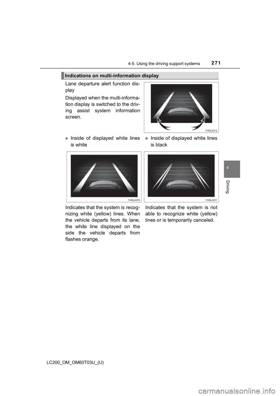 TOYOTA LAND CRUISER 2021 Owners Manual (in English) LC200_OM_OM60T03U_(U)
2714-5. Using the driving support systems
4
Driving
Lane departure alert function dis-
play
Displayed when the multi-informa-
tion display is switched to the driv-
ing assis TOYOTA LAND CRUISER 2021 Owners Manual (in English) LC200_OM_OM60T03U_(U)
2714-5. Using the driving support systems
4
Driving
Lane departure alert function dis-
play
Displayed when the multi-informa-
tion display is switched to the driv-
ing assis