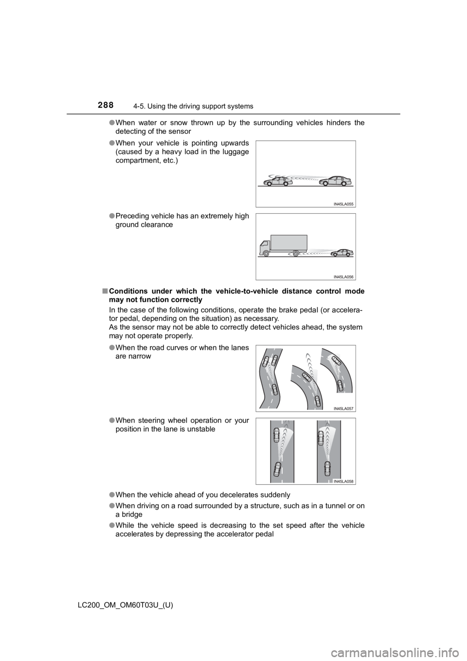 TOYOTA LAND CRUISER 2021 Owners Manual (in English) 288
LC200_OM_OM60T03U_(U)
4-5. Using the driving support systems
●When water or snow thrown up by the surrounding vehicles hinders the
detecting of the sensor
■ Conditions under which TOYOTA LAND CRUISER 2021 Owners Manual (in English) 288
LC200_OM_OM60T03U_(U)
4-5. Using the driving support systems
●When water or snow thrown up by the surrounding vehicles hinders the
detecting of the sensor
■ Conditions under which