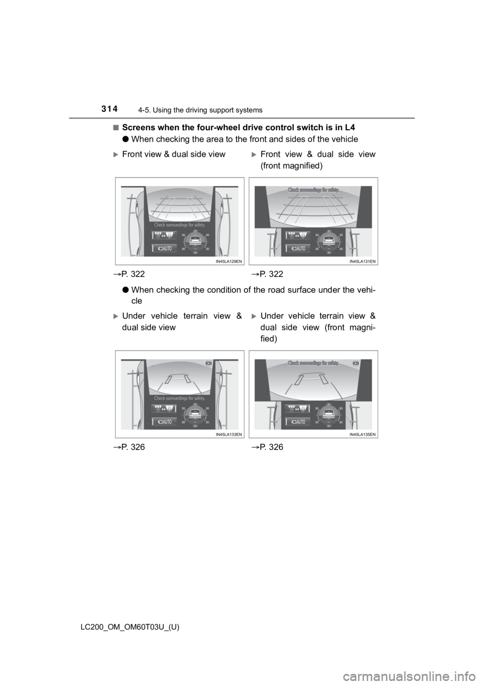 TOYOTA LAND CRUISER 2021 Owners Manual (in English) 314
LC200_OM_OM60T03U_(U)
4-5. Using the driving support systems
■Screens when the four-wheel drive control switch is in L4
●When checking the area to the fr ont and sides of the vehicle
● When TOYOTA LAND CRUISER 2021 Owners Manual (in English) 314
LC200_OM_OM60T03U_(U)
4-5. Using the driving support systems
■Screens when the four-wheel drive control switch is in L4
●When checking the area to the fr ont and sides of the vehicle
● When
