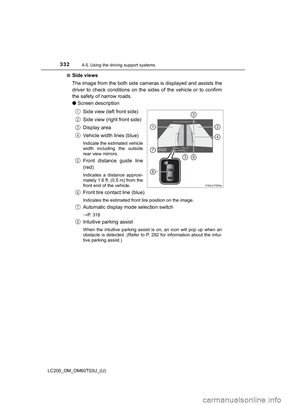 TOYOTA LAND CRUISER 2021 Owners Manual (in English) 332
LC200_OM_OM60T03U_(U)
4-5. Using the driving support systems
■Side views
The image from the both side cam eras is displayed and assists the
driver to check conditions on the sides of the TOYOTA LAND CRUISER 2021 Owners Manual (in English) 332
LC200_OM_OM60T03U_(U)
4-5. Using the driving support systems
■Side views
The image from the both side cam eras is displayed and assists the
driver to check conditions on the sides of the