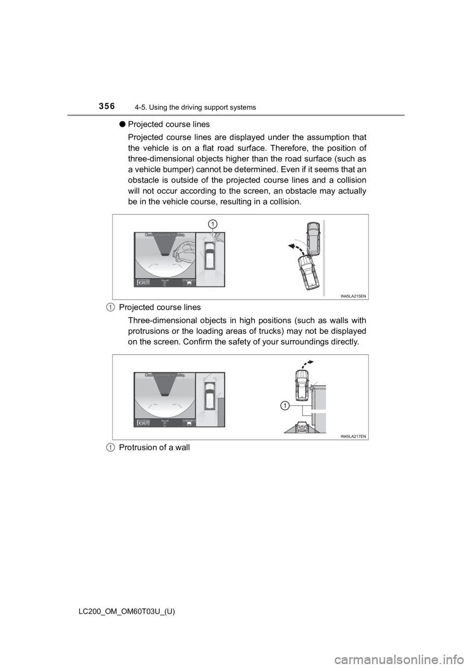 TOYOTA LAND CRUISER 2021 Owners Manual (in English) 356
LC200_OM_OM60T03U_(U)
4-5. Using the driving support systems
●Projected course lines
Projected course lines are displ ayed under the assumption that
the vehicle is on a flat road TOYOTA LAND CRUISER 2021 Owners Manual (in English) 356
LC200_OM_OM60T03U_(U)
4-5. Using the driving support systems
●Projected course lines
Projected course lines are displ ayed under the assumption that
the vehicle is on a flat road