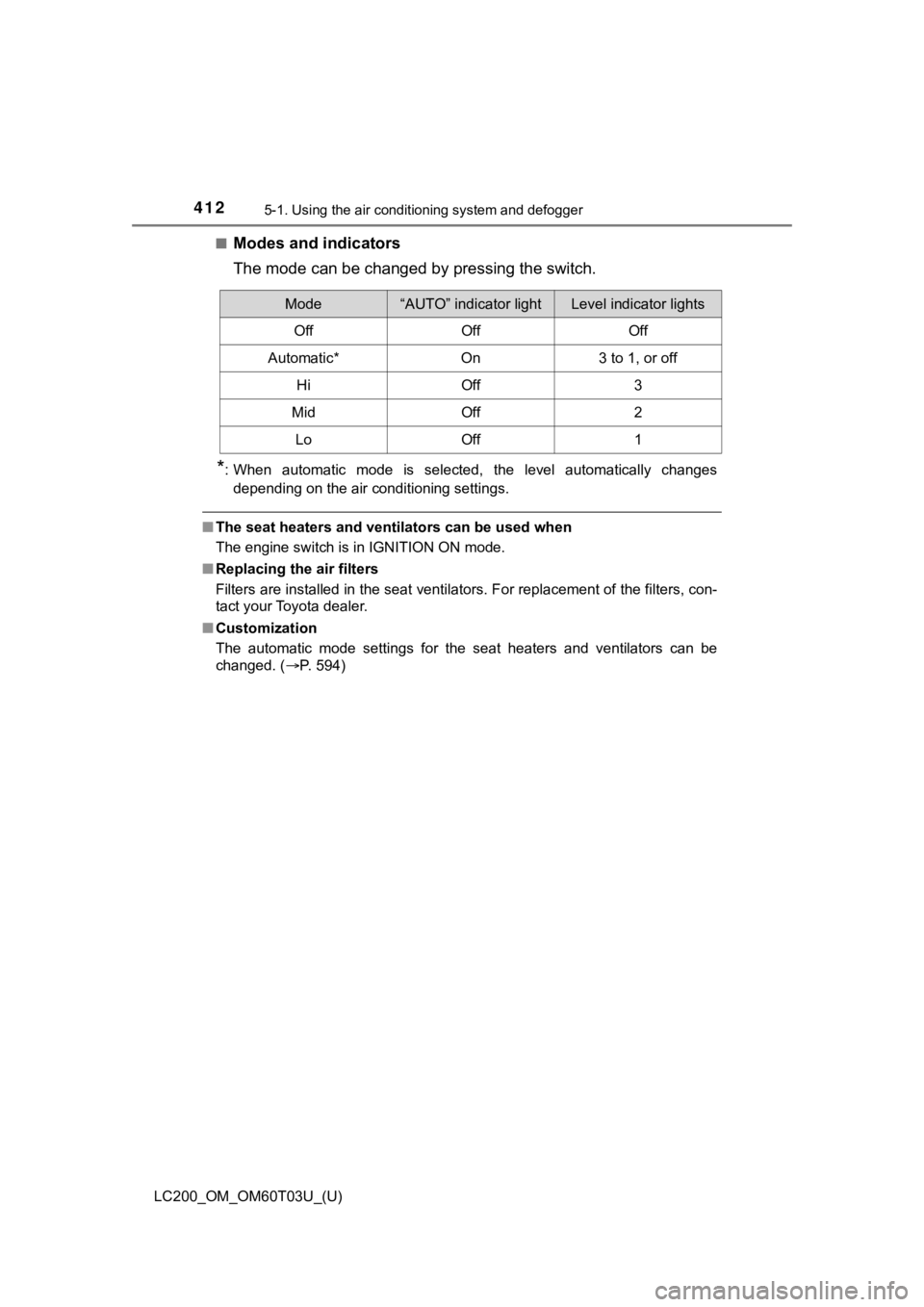 TOYOTA LAND CRUISER 2021  Owners Manual (in English) 4125-1. Using the air conditioning system and defogger
LC200_OM_OM60T03U_(U)■
Modes and indicators
The mode can be changed by pressing the switch.
*: When  automatic  mode  is  selected,  the  level