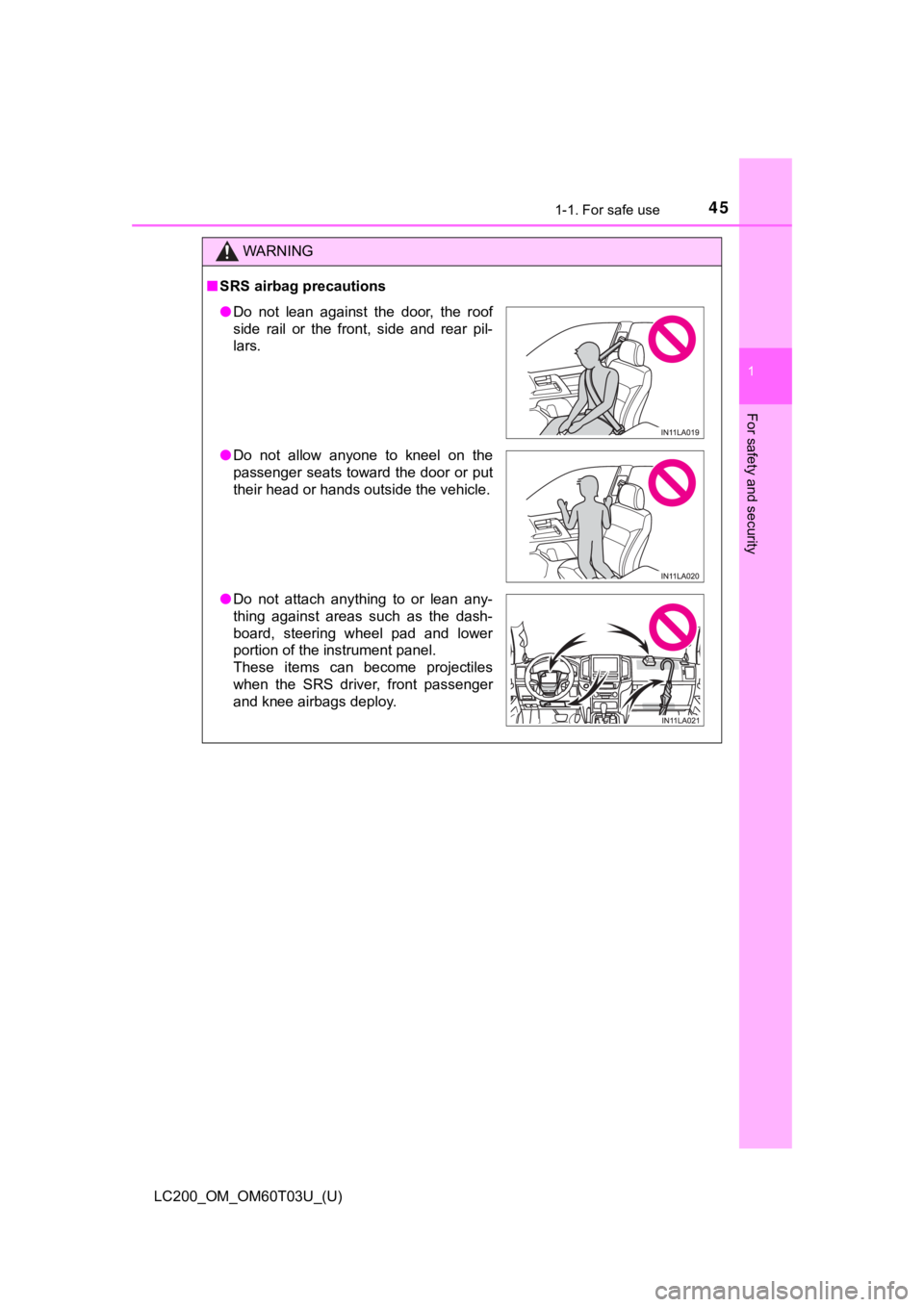 TOYOTA LAND CRUISER 2021  Owners Manual (in English) 451-1. For safe use
LC200_OM_OM60T03U_(U)
1
For safety and security
WARNING
■SRS airbag precautions
● Do  not  lean  against  the  door,  the  roof
side  rail  or  the  front,  side  and  rear  pi