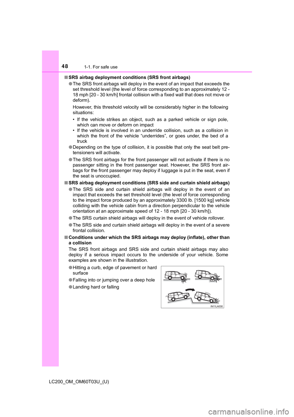 TOYOTA LAND CRUISER 2021 (in English) Service Manual 481-1. For safe use
LC200_OM_OM60T03U_(U)■
SRS airbag deployment condi tions (SRS front airbags)
● The SRS front airbags will deploy in the event of an impact tha t exceeds the
set threshold level TOYOTA LAND CRUISER 2021 (in English) Service Manual 481-1. For safe use
LC200_OM_OM60T03U_(U)■
SRS airbag deployment condi tions (SRS front airbags)
● The SRS front airbags will deploy in the event of an impact tha t exceeds the
set threshold level