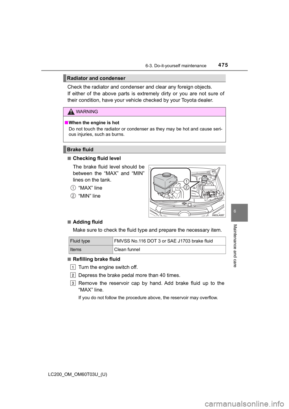 TOYOTA LAND CRUISER 2021  Owners Manual (in English) LC200_OM_OM60T03U_(U)
4756-3. Do-it-yourself maintenance
6
Maintenance and care
Check the radiator and condenser and clear any foreign objects.
If  either  of  the  above  parts  is  extremely  dirty 
