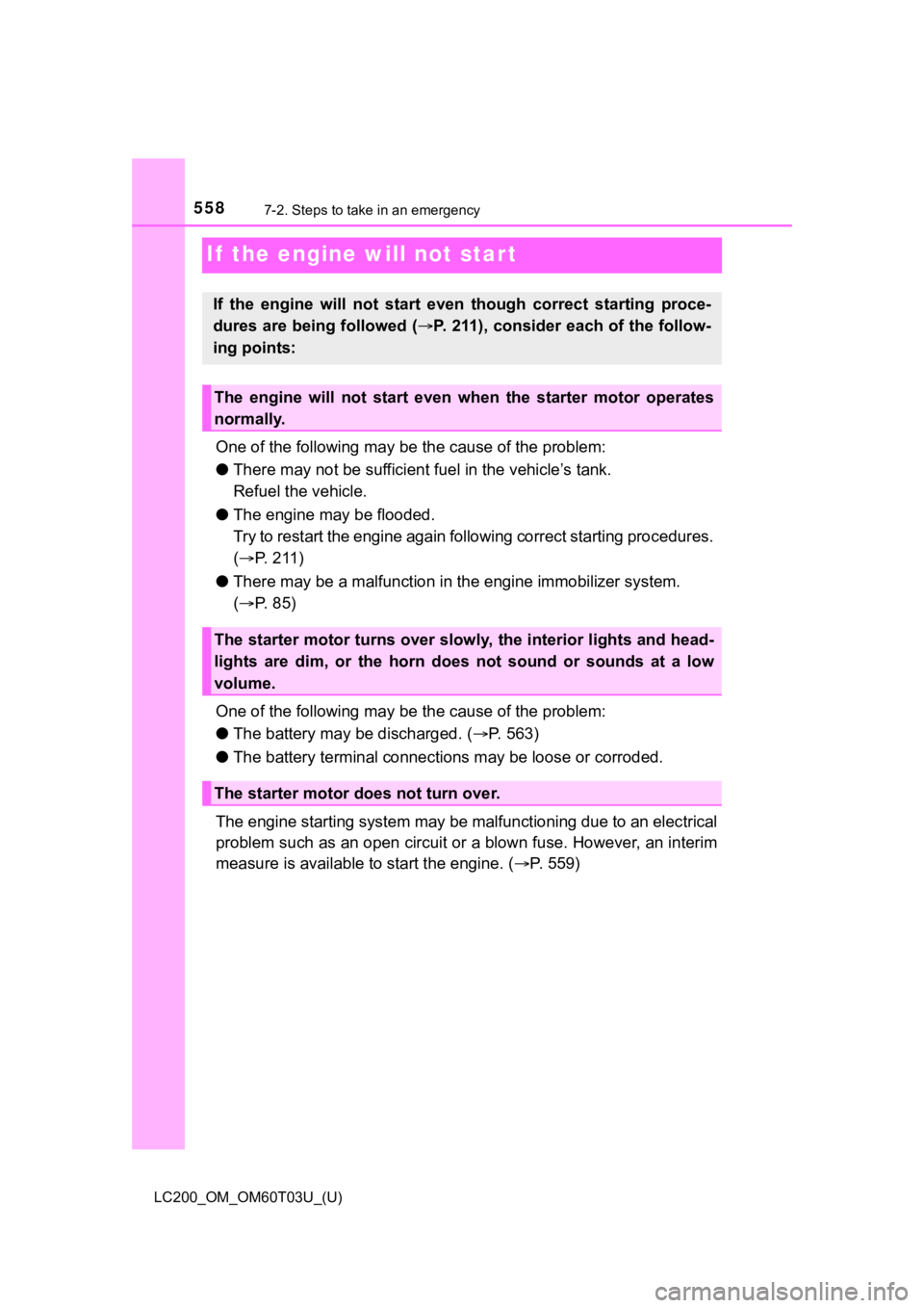TOYOTA LAND CRUISER 2021  Owners Manual (in English) 558
LC200_OM_OM60T03U_(U)
7-2. Steps to take in an emergency
If  the engine will not star t
One of the following may be the cause of the problem:
● There may not be sufficient f uel in the vehicle