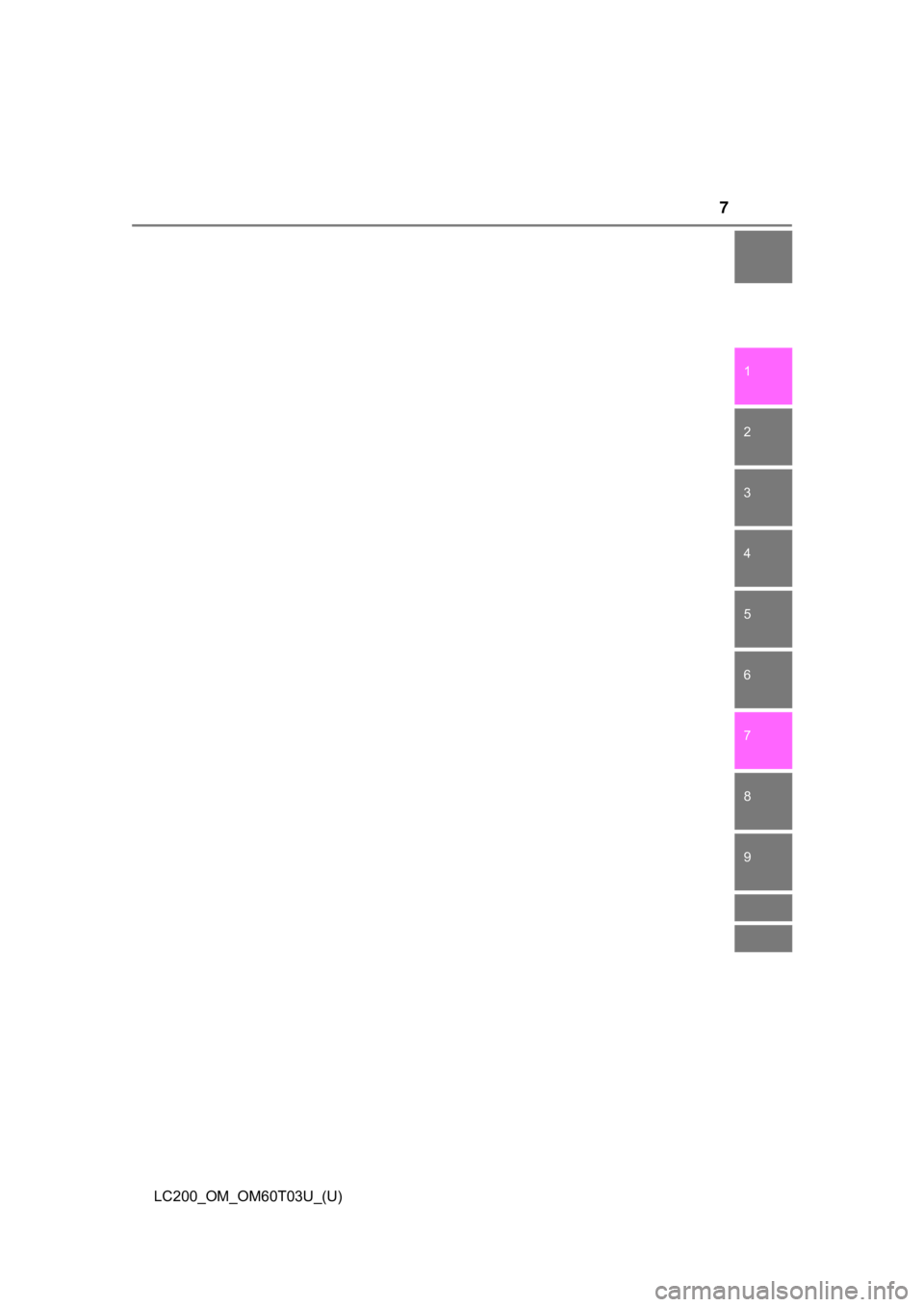 TOYOTA LAND CRUISER 2021  Owners Manual (in English) 7
1
8 7
6
5
4
3
2
LC200_OM_OM60T03U_(U)
9 